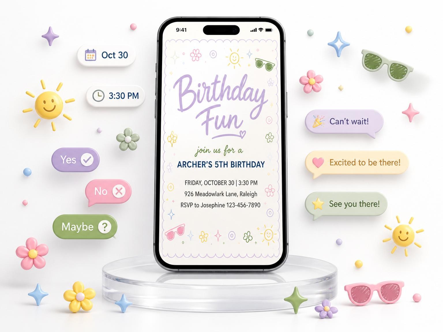 The Pastel Doodle Motif 5th Birthday invitation on a phone, with guest RSVPs arriving around it
