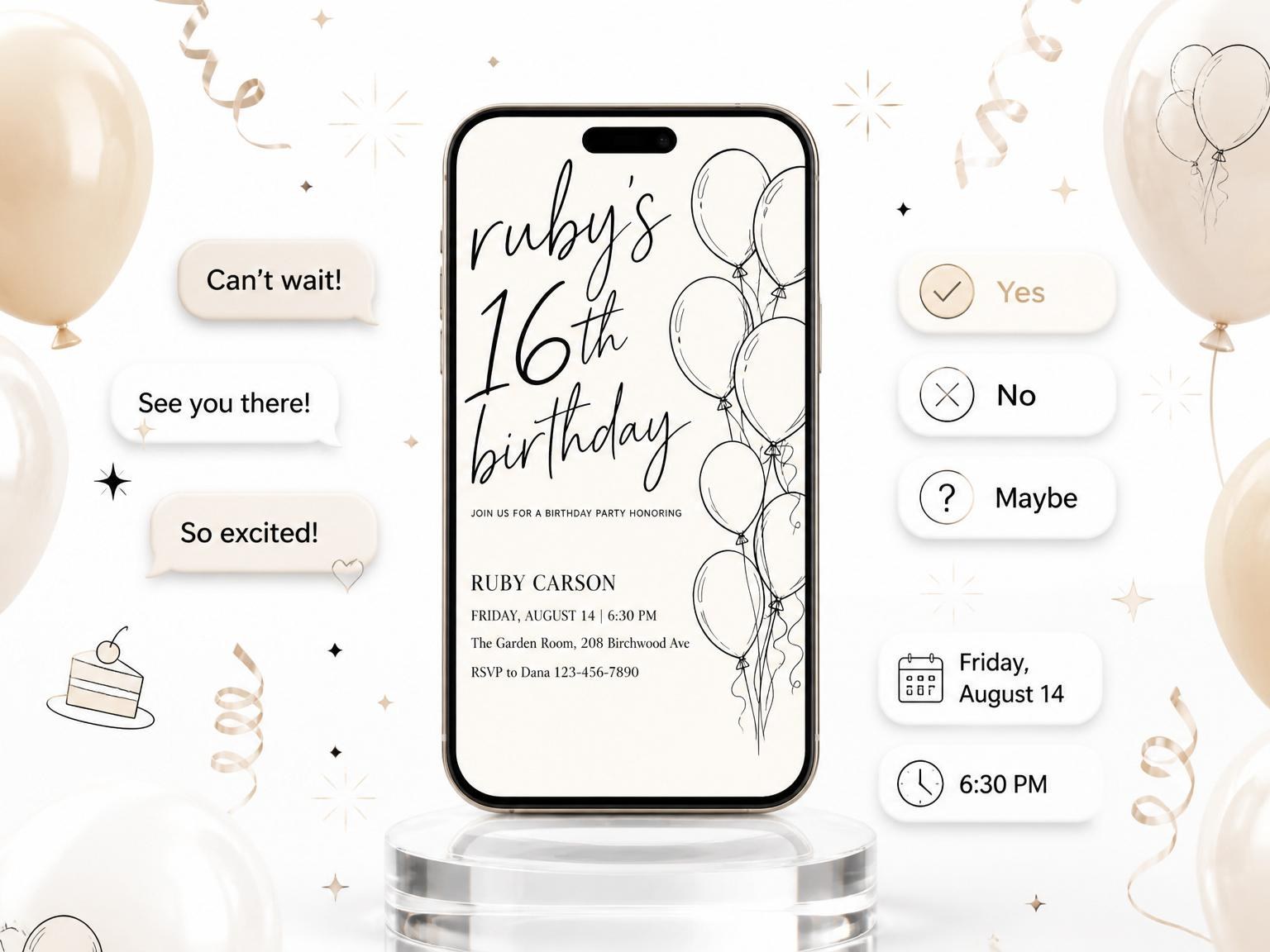 The Cream Line-Art Balloon 16th Birthday Invitation invitation on a phone, with guest RSVPs arriving around it