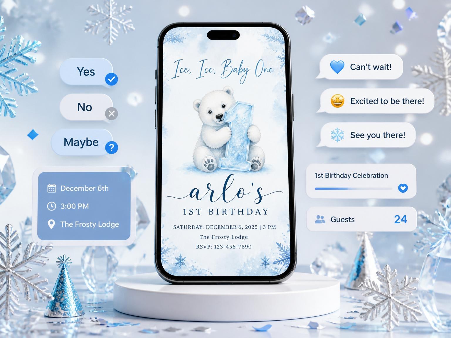 The Blue Watercolor Polar Bear 1st Birthday invitation on a phone, with guest RSVPs arriving around it