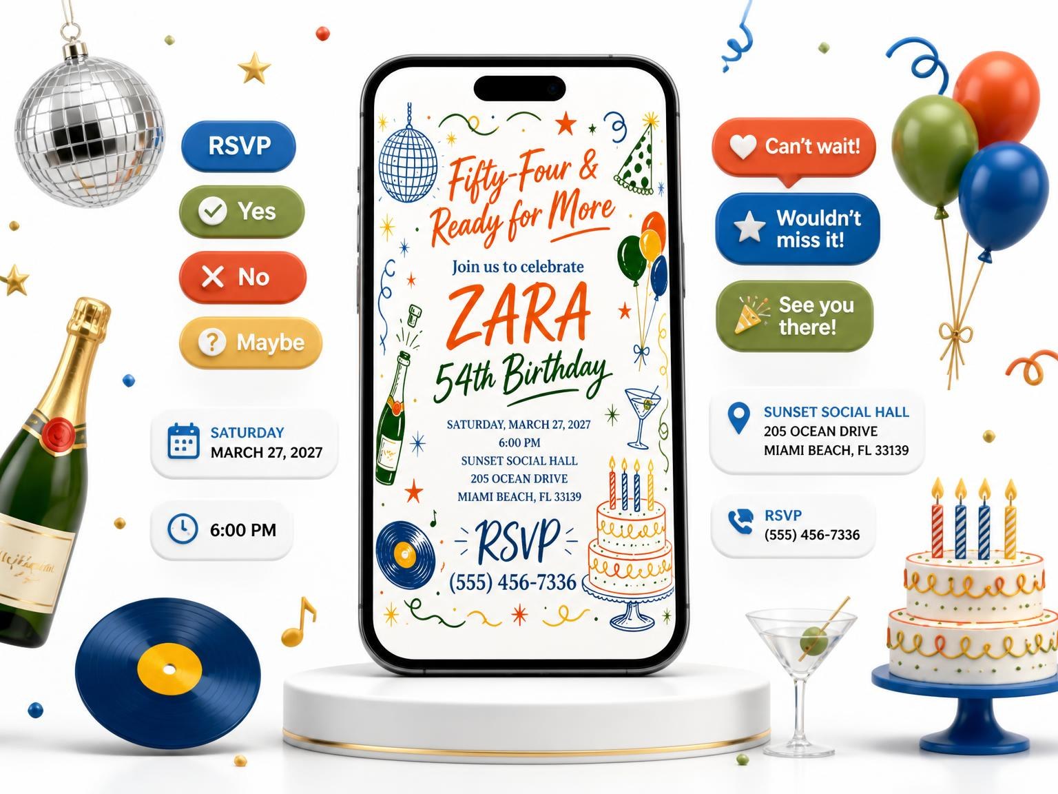 The Retro Doodle 54th Birthday Invitation invitation on a phone, with guest RSVPs arriving around it