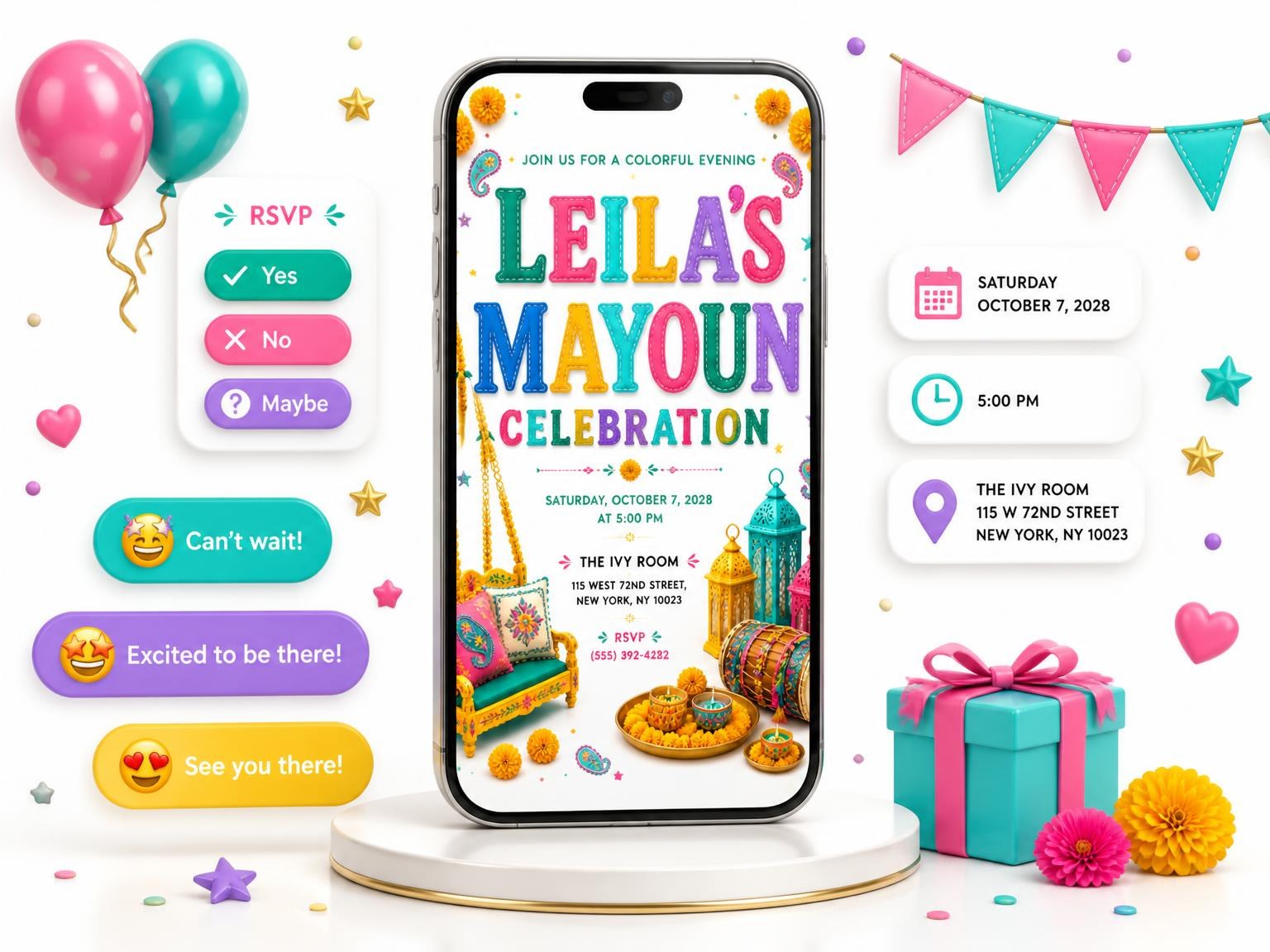 The Jhula Mayoun Celebration Invitation invitation on a phone, with guest RSVPs arriving around it