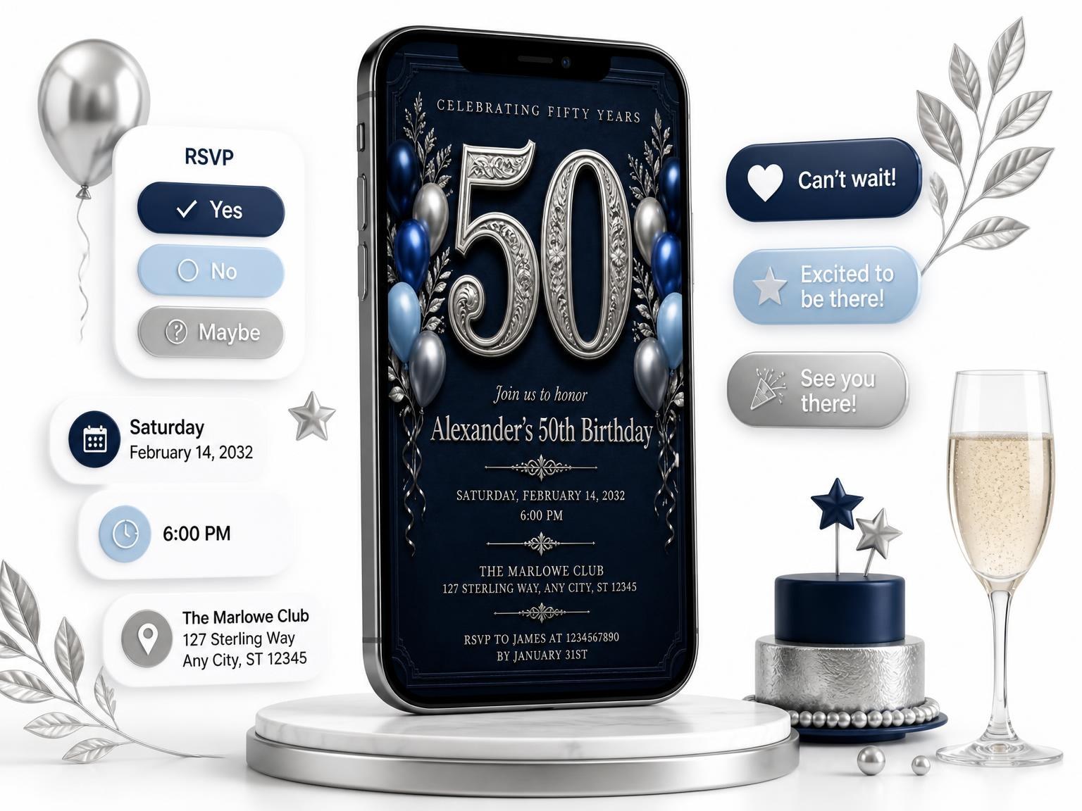 The Navy Silver Embossed 50th Birthday Invitation invitation on a phone, with guest RSVPs arriving around it