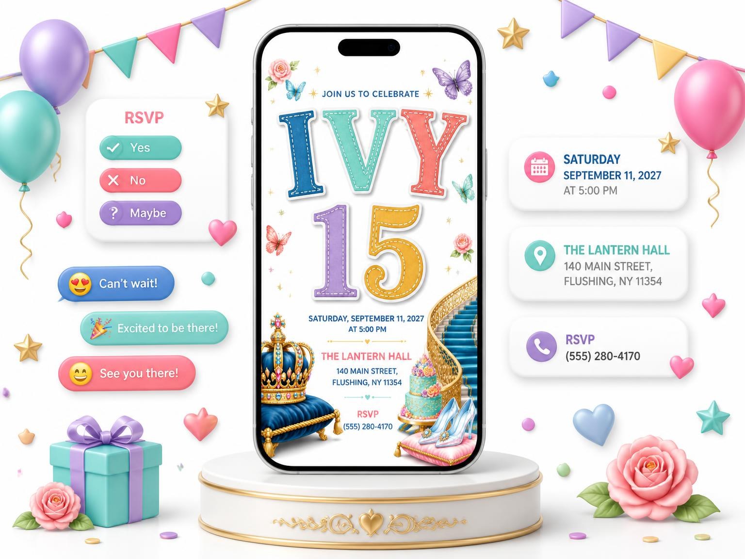 The Royal Crown 15th Birthday Party Invitation invitation on a phone, with guest RSVPs arriving around it