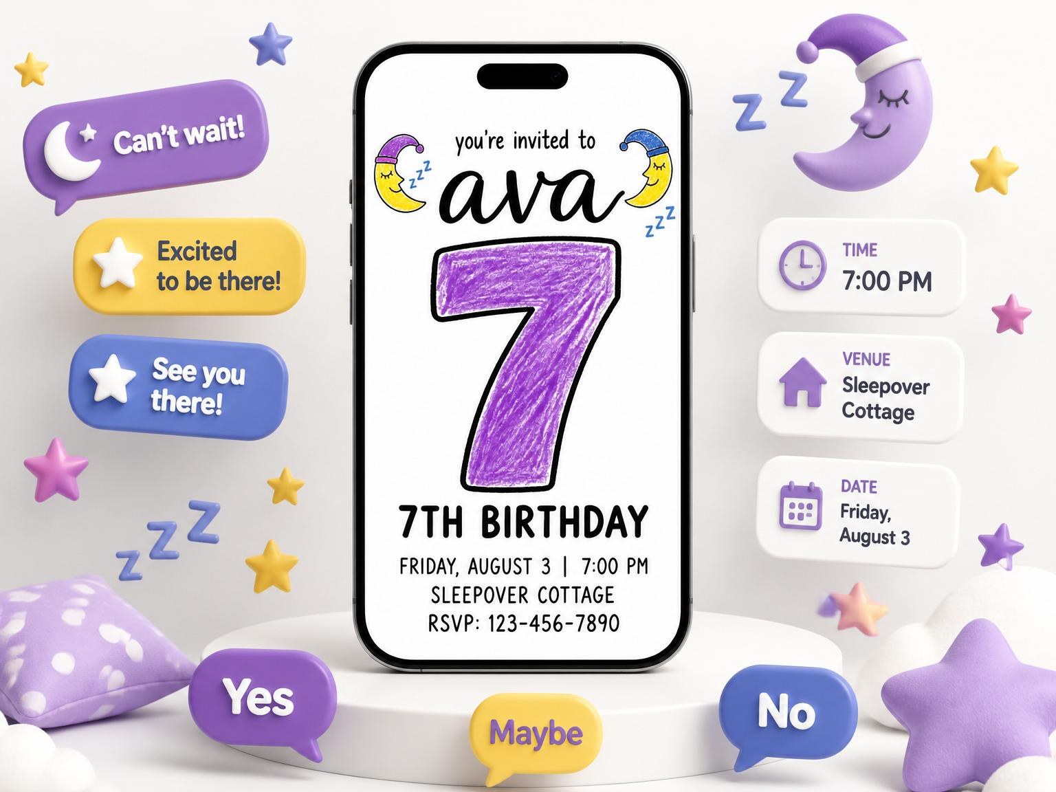 The Crayon Moon Sleepover 7th Birthday Invitation invitation on a phone, with guest RSVPs arriving around it