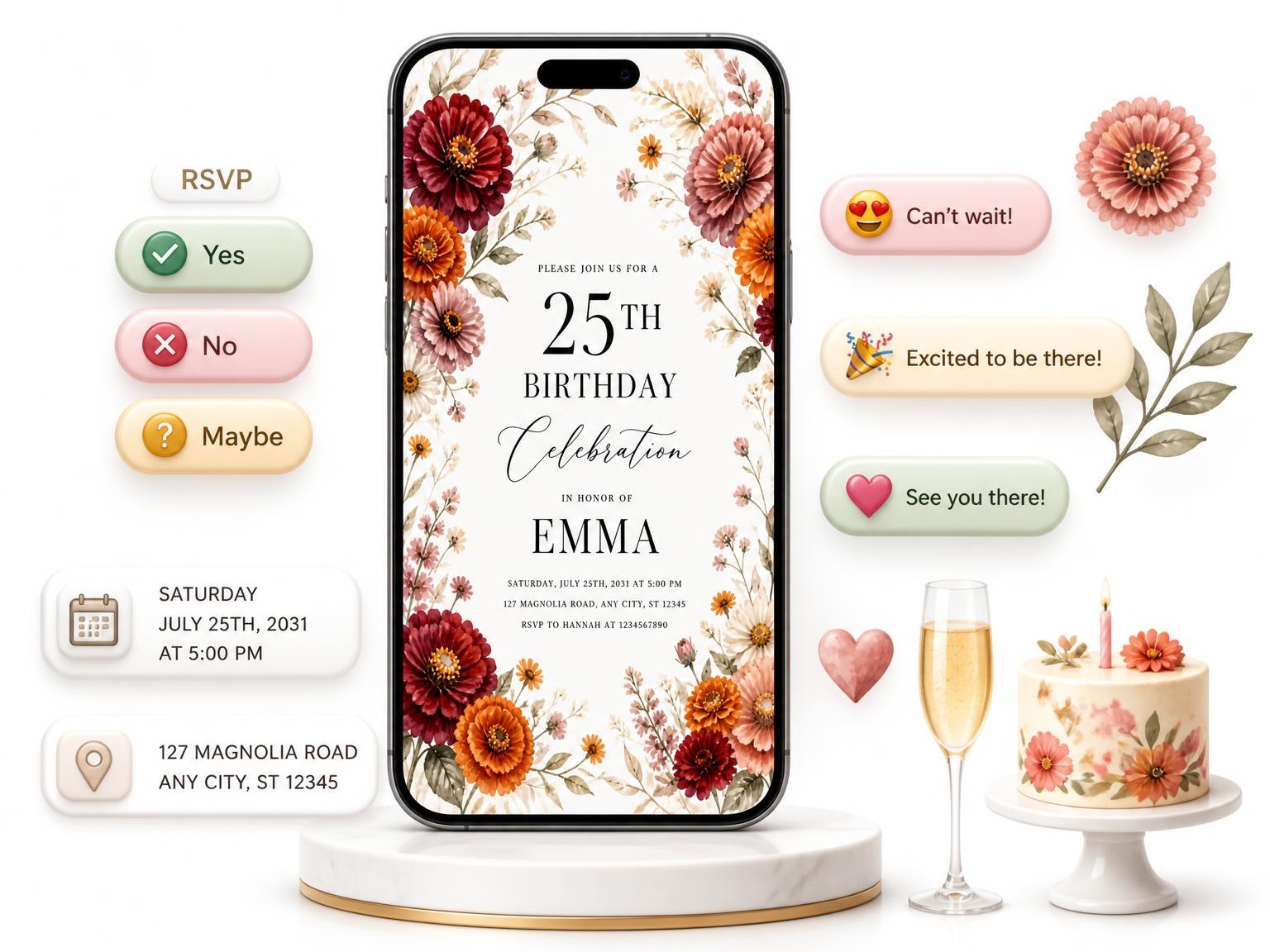 The Botanical Autumn 25th Birthday Invitation invitation on a phone, with guest RSVPs arriving around it