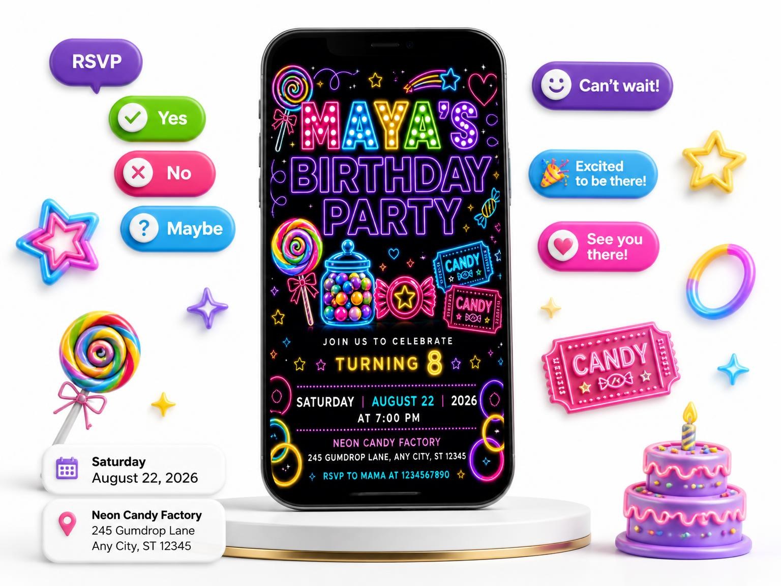 The Neon Candy 8th Birthday Invitation invitation on a phone, with guest RSVPs arriving around it