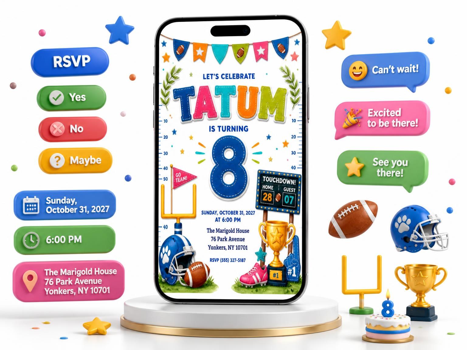 The Stitched Football 8th Birthday Invitation invitation on a phone, with guest RSVPs arriving around it