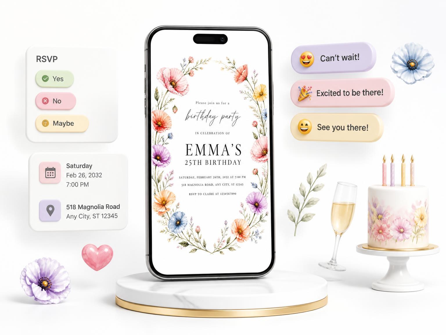 The Pastel Poppy Wreath 25th Birthday Invitation invitation on a phone, with guest RSVPs arriving around it