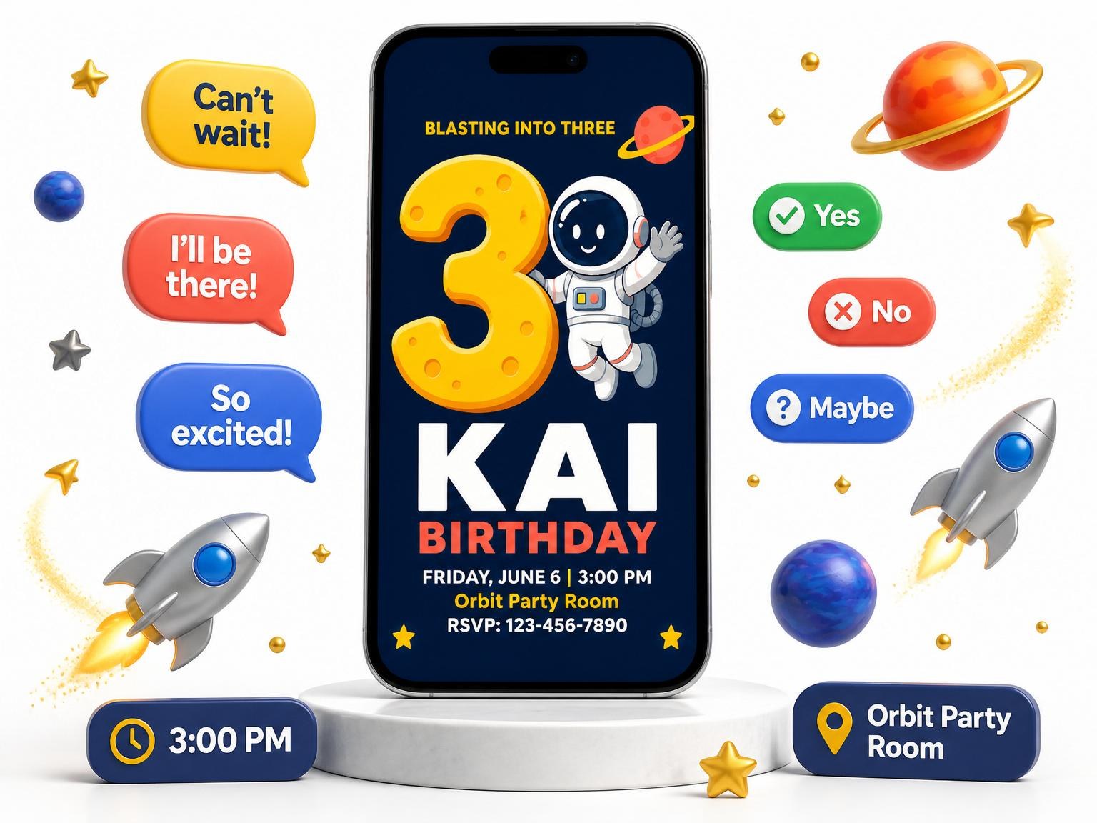 The Navy Astronaut Cartoon 3rd Birthday invitation on a phone, with guest RSVPs arriving around it
