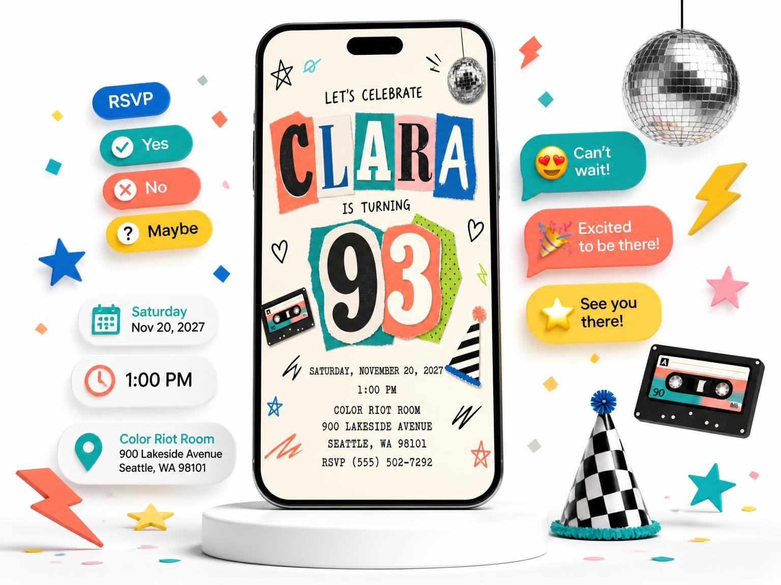 The Retro Paper Collage 93rd Birthday Invitation invitation on a phone, with guest RSVPs arriving around it