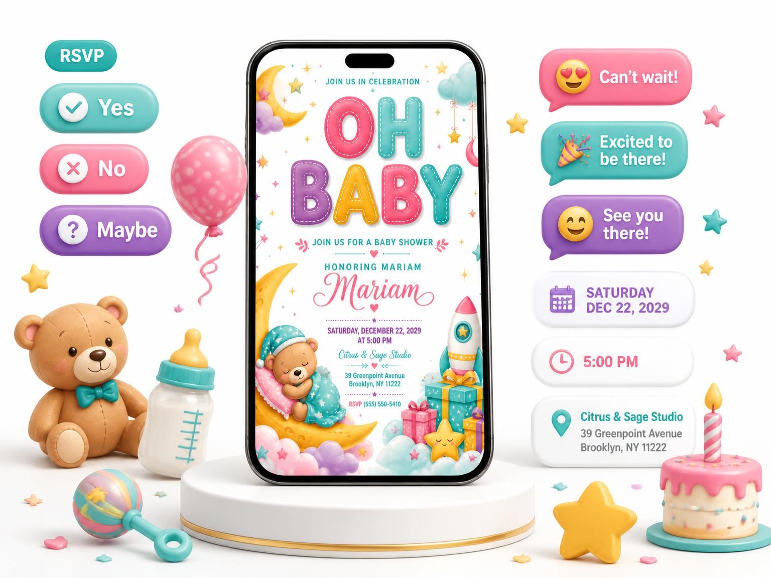 The Rocket Ship Baby Shower Invitation invitation on a phone, with guest RSVPs arriving around it