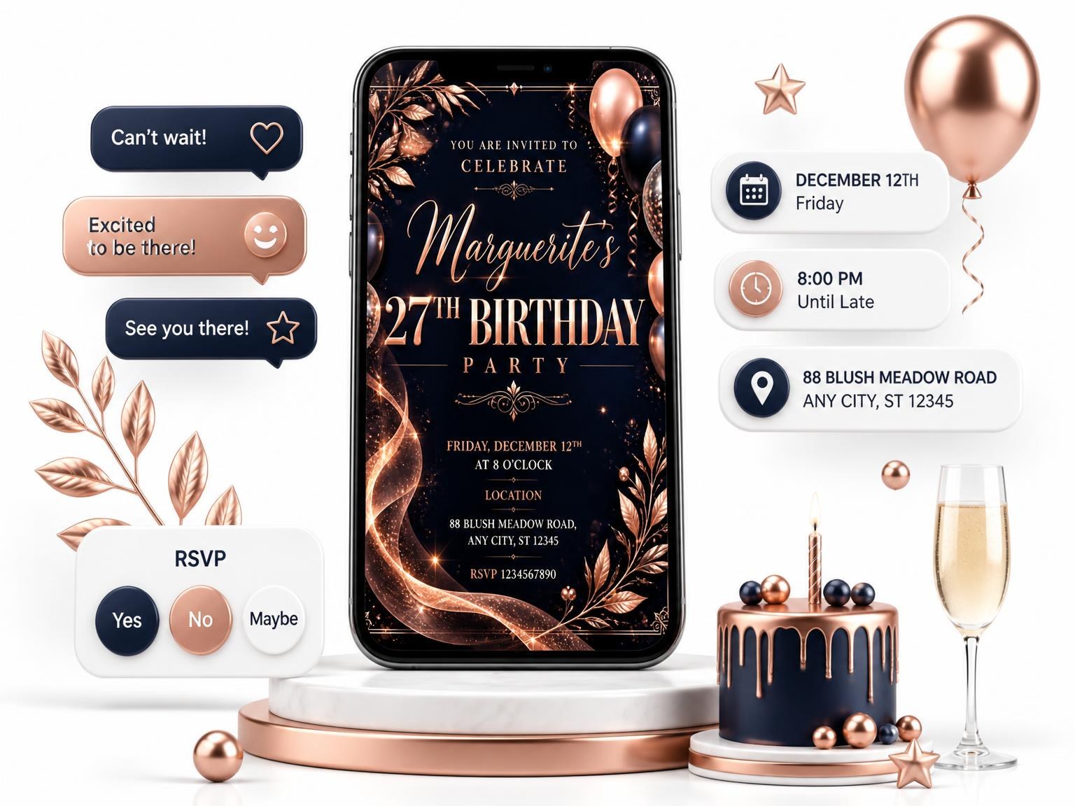 The Navy and Rose Gold 27th Birthday Invitation invitation on a phone, with guest RSVPs arriving around it