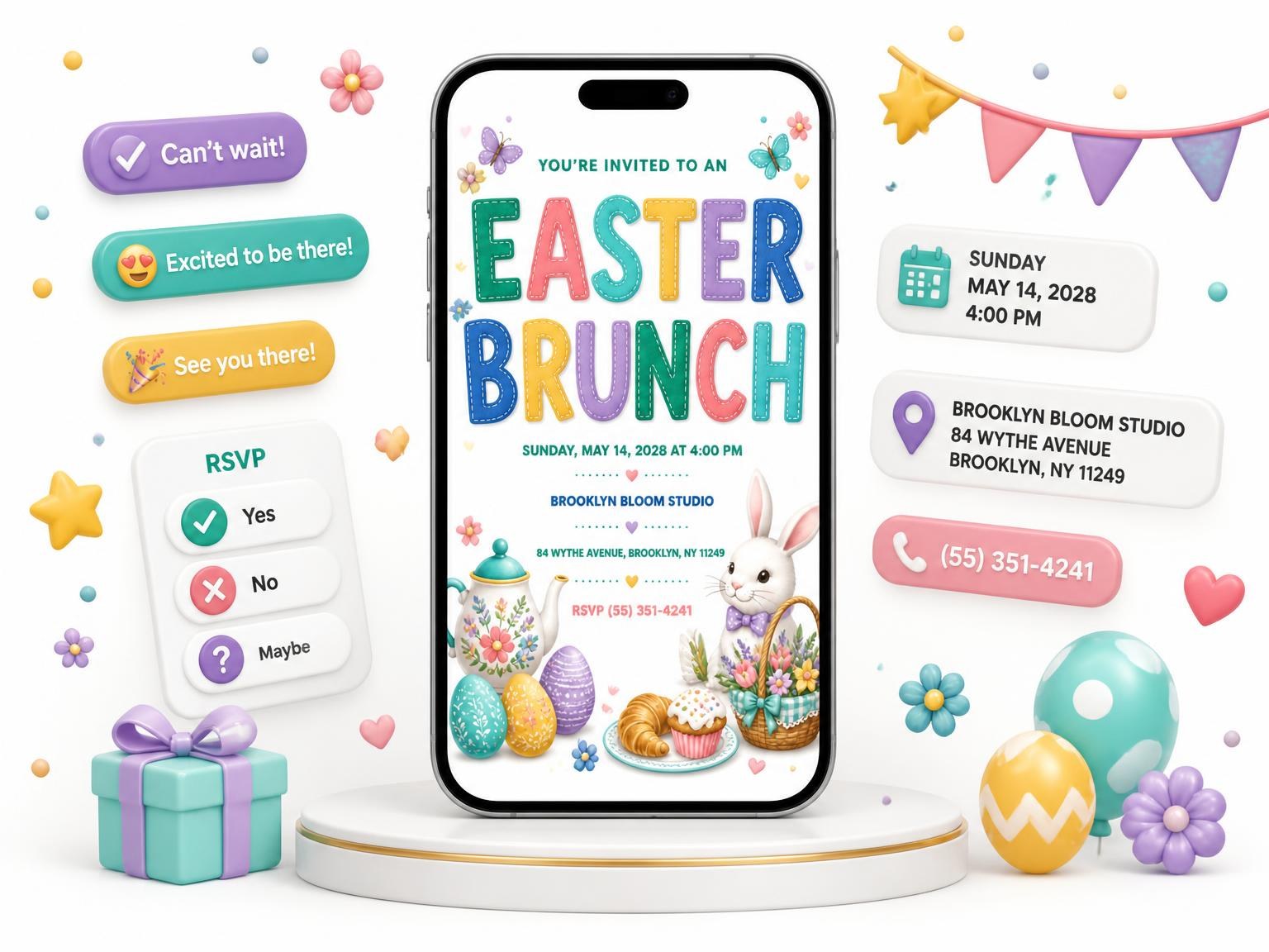 The Floral Teapot Easter Brunch Invitation invitation on a phone, with guest RSVPs arriving around it