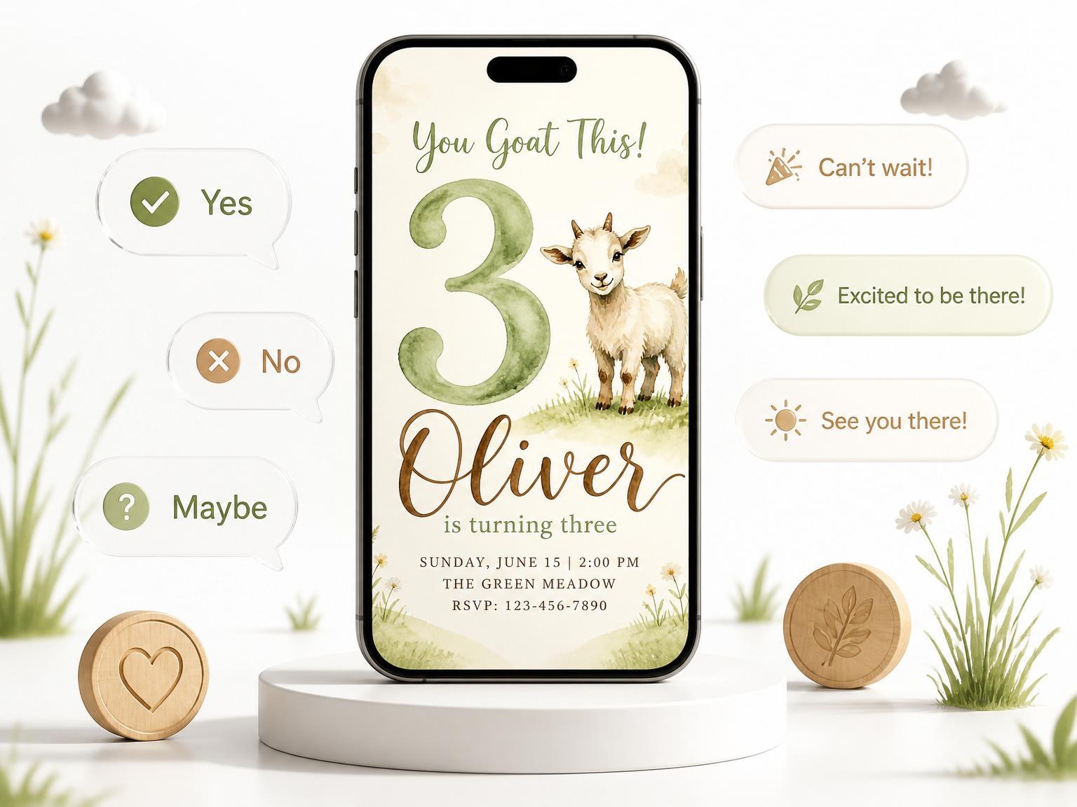 The Watercolor Baby Goat Meadow 3rd Birthday invitation on a phone, with guest RSVPs arriving around it