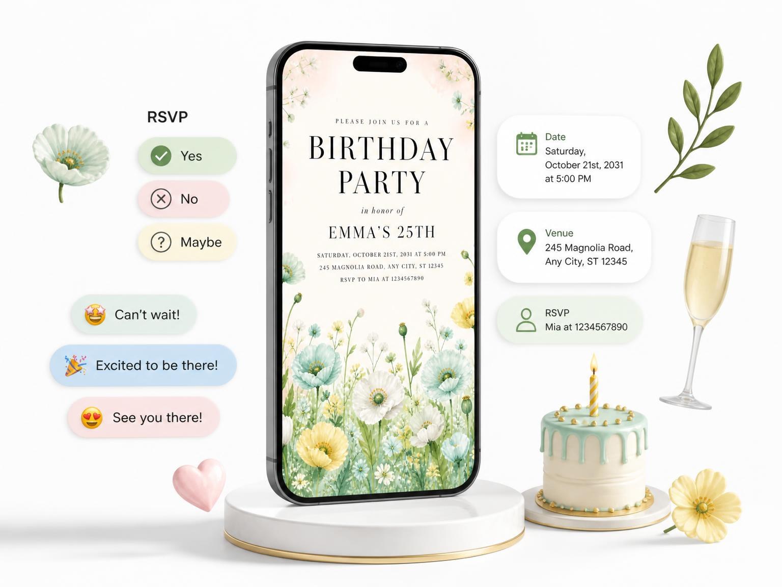 The Botanical Mint 25th Birthday Invitation invitation on a phone, with guest RSVPs arriving around it