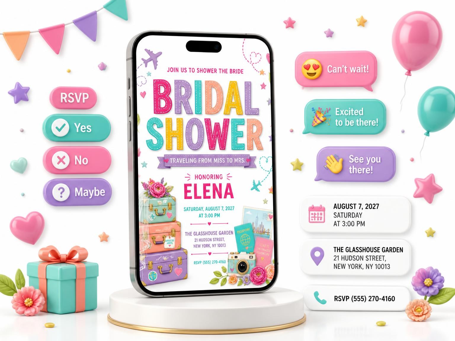 The Luggage Stack Bridal Shower Invitation invitation on a phone, with guest RSVPs arriving around it