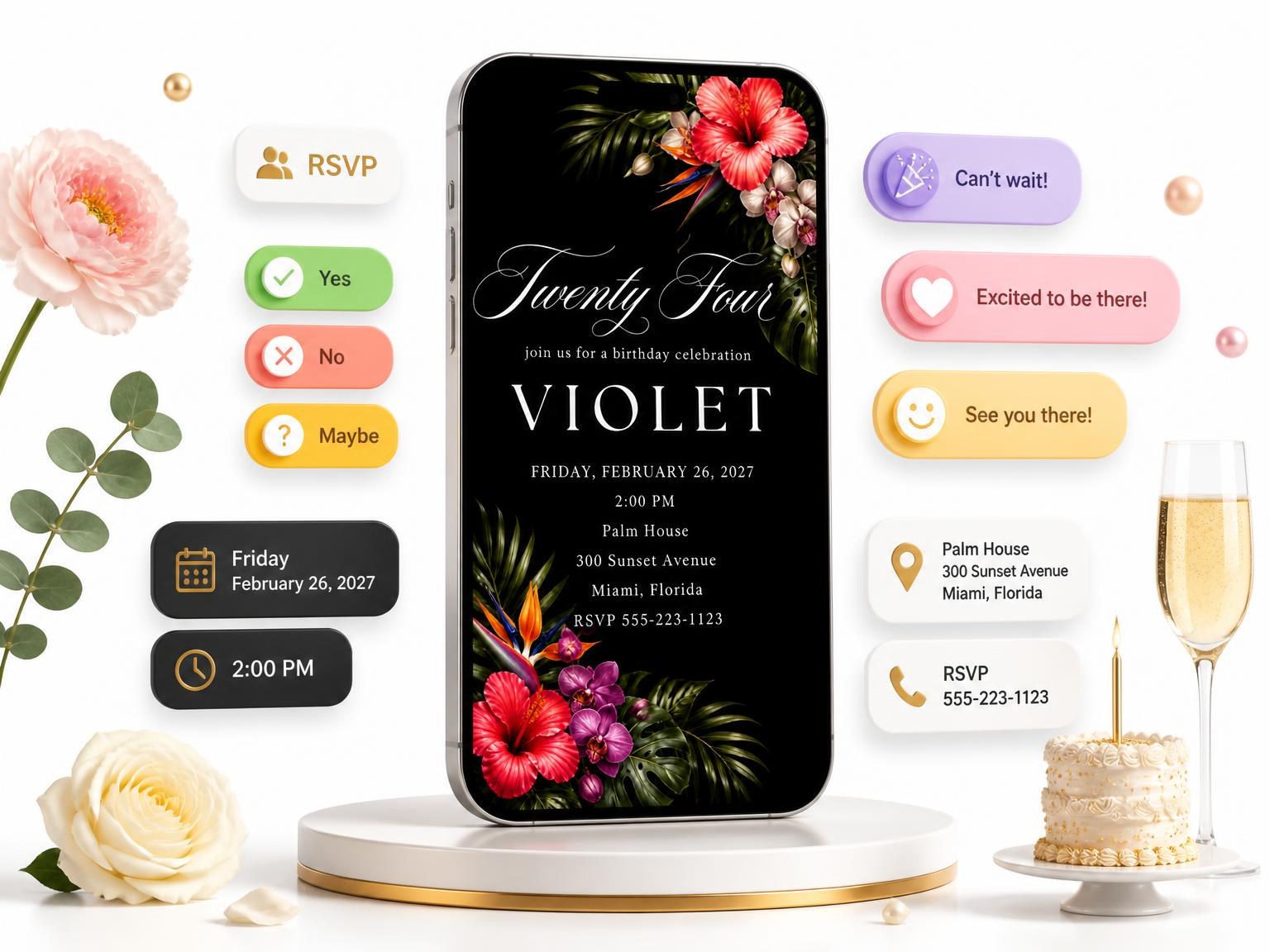 The Black Floral 24th Birthday Invitation invitation on a phone, with guest RSVPs arriving around it