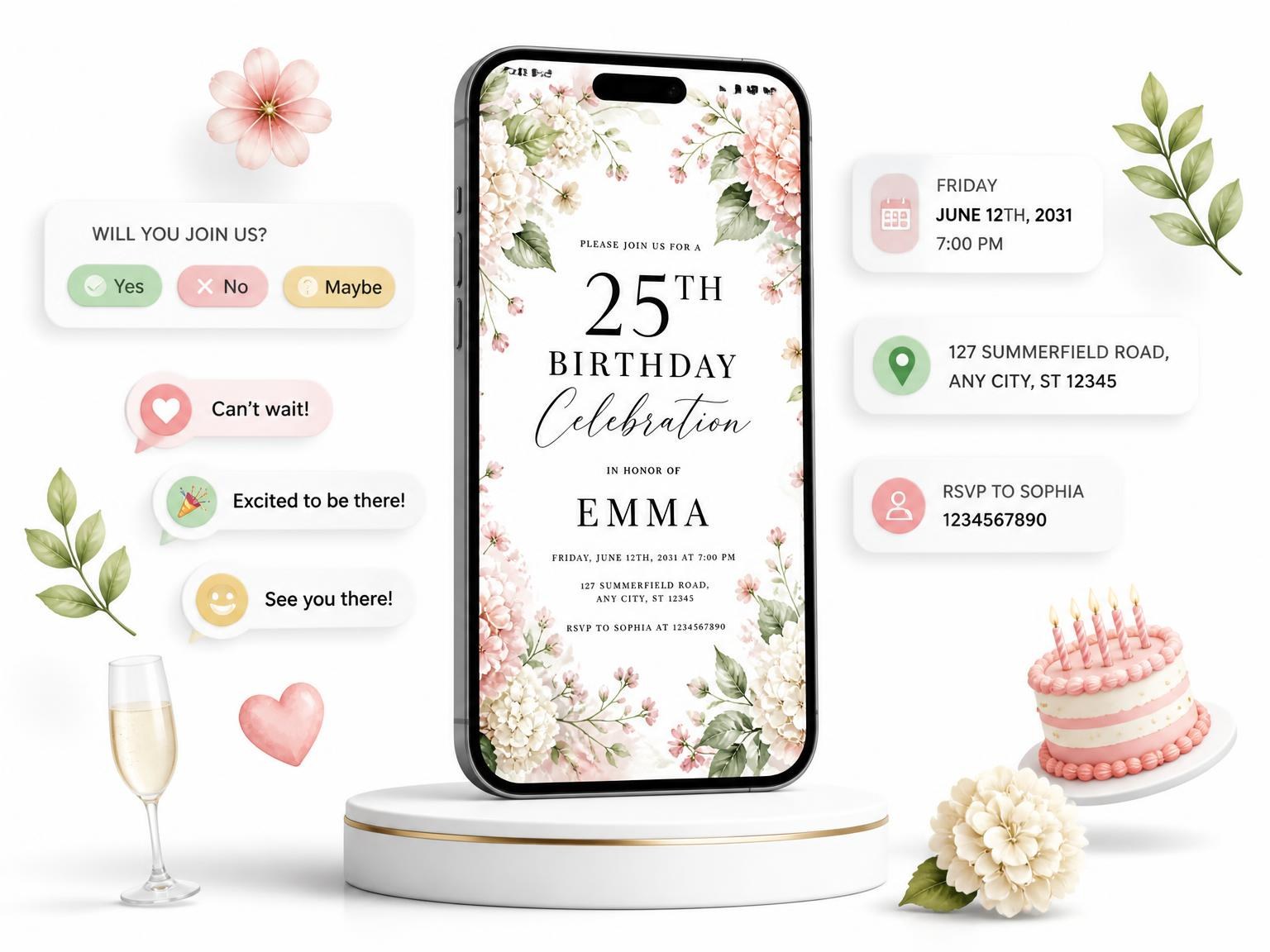 The Hydrangea Foliage Blush 25th Birthday Invitation invitation on a phone, with guest RSVPs arriving around it