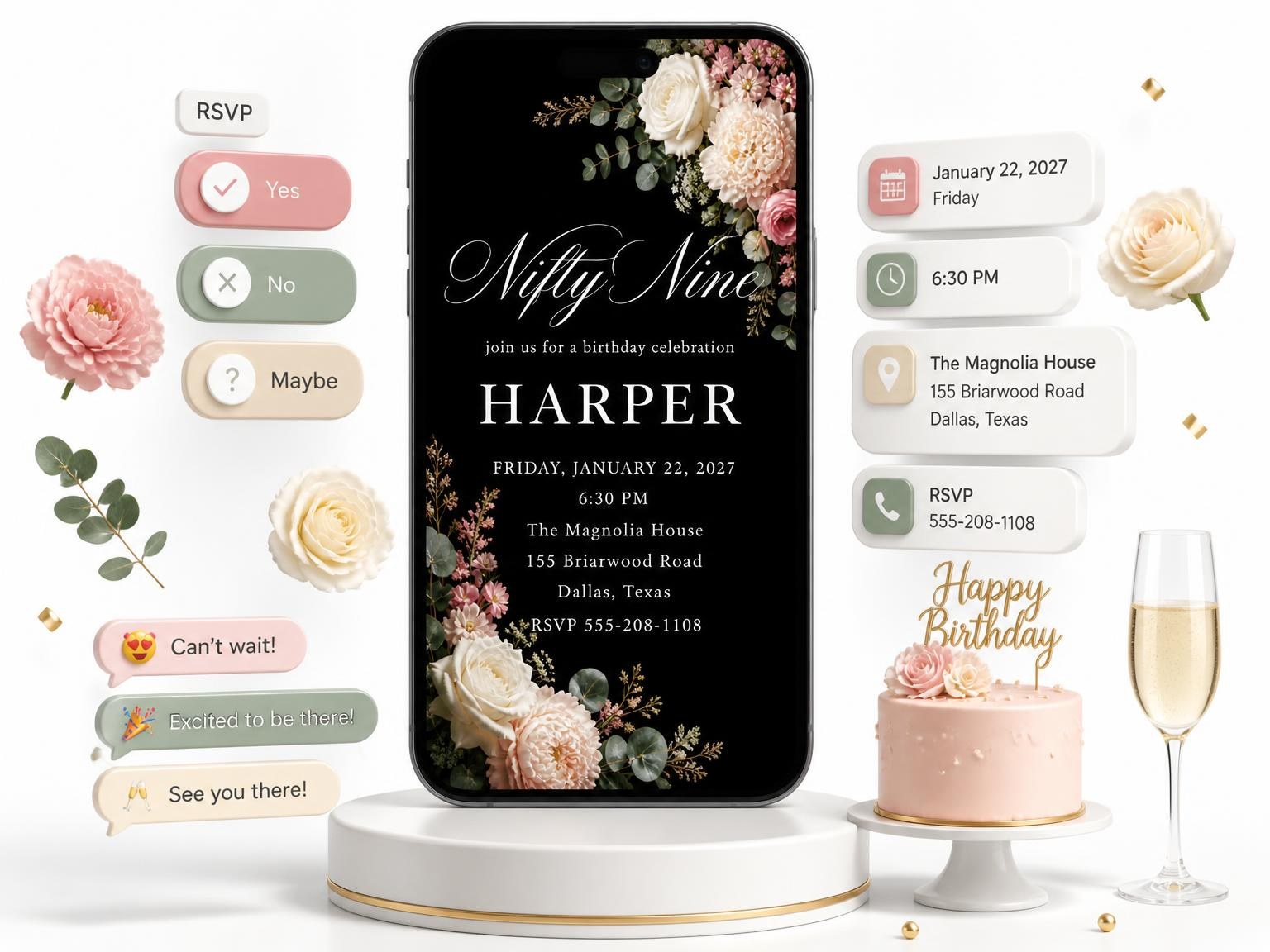 The Black Floral 9th Birthday Invitation invitation on a phone, with guest RSVPs arriving around it