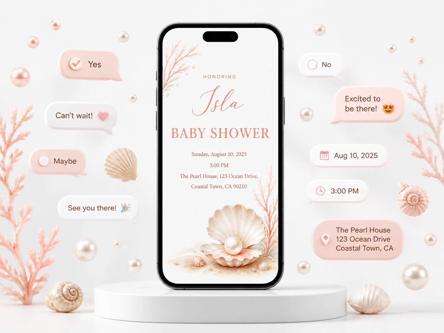 The Dusty Pink Coastal Pearl Baby Shower invitation on a phone, with guest RSVPs arriving around it