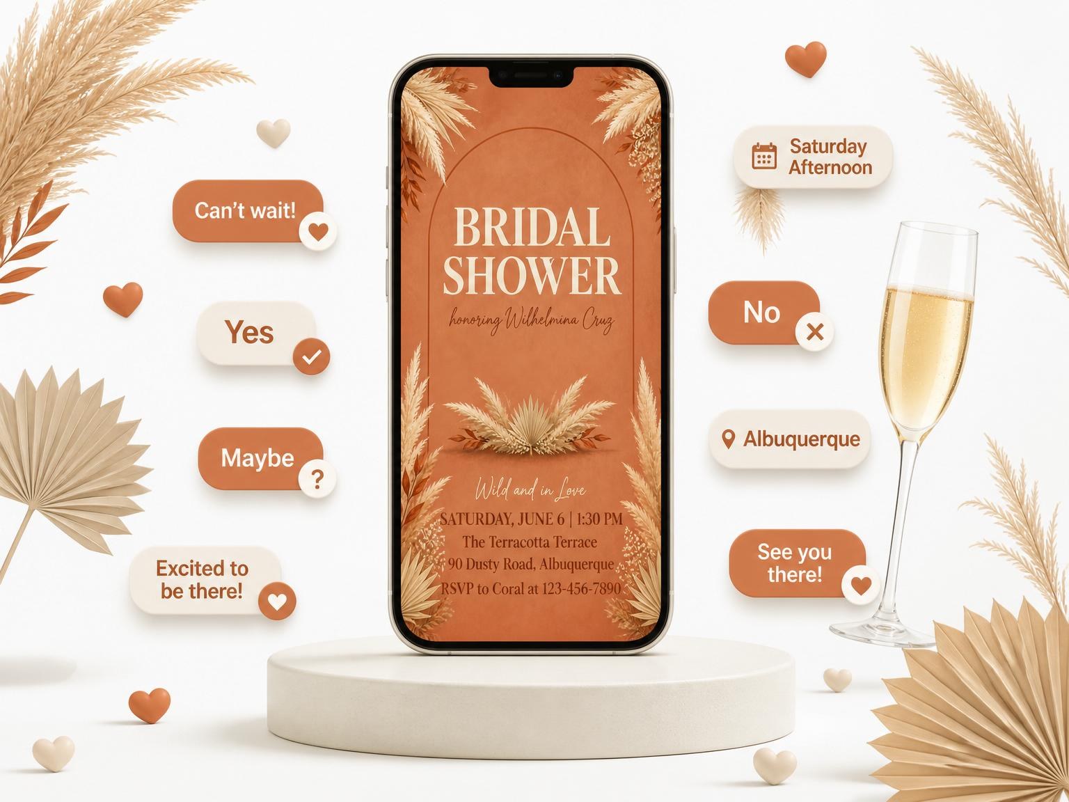 The Terracotta Pampas Grass Bridal Shower invitation on a phone, with guest RSVPs arriving around it