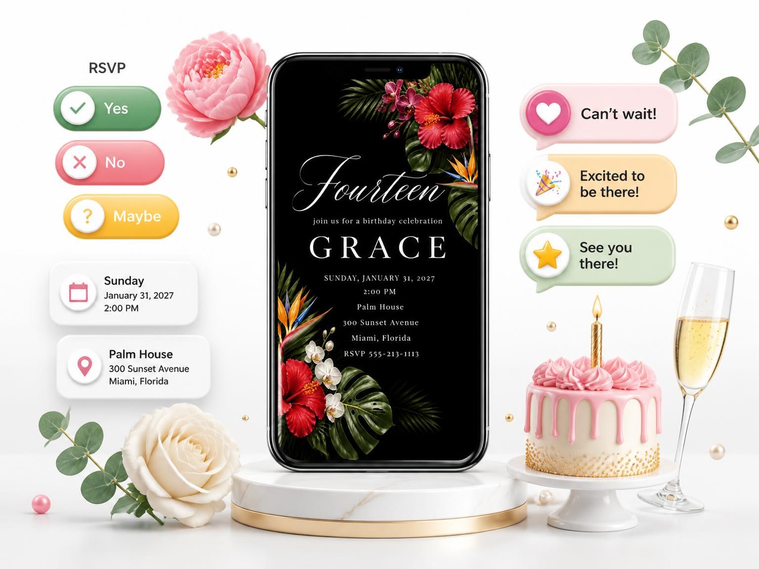 The Black Floral 14th Birthday Invitation invitation on a phone, with guest RSVPs arriving around it