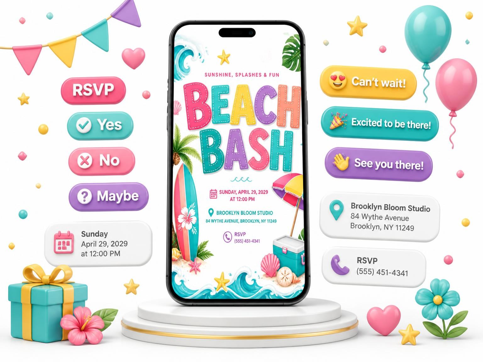 The Ocean Waves Beach Party Invitation invitation on a phone, with guest RSVPs arriving around it