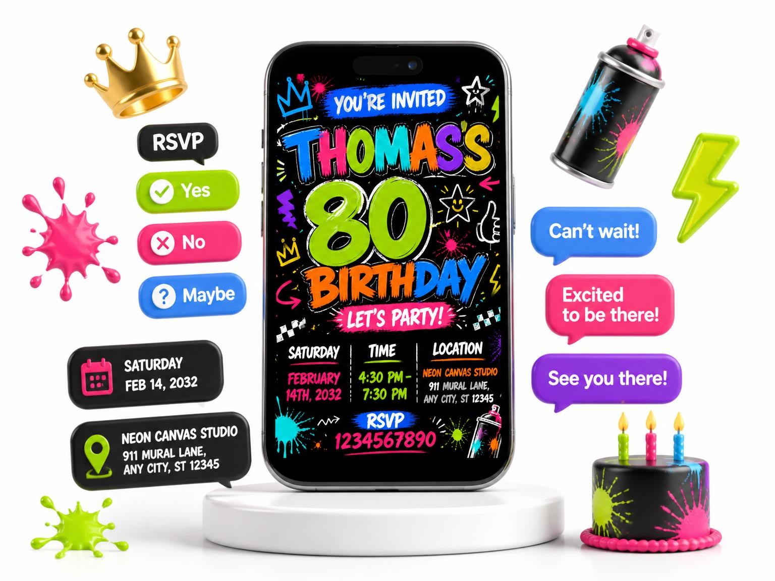 The Graffiti Street Art 80th Birthday Invitation invitation on a phone, with guest RSVPs arriving around it