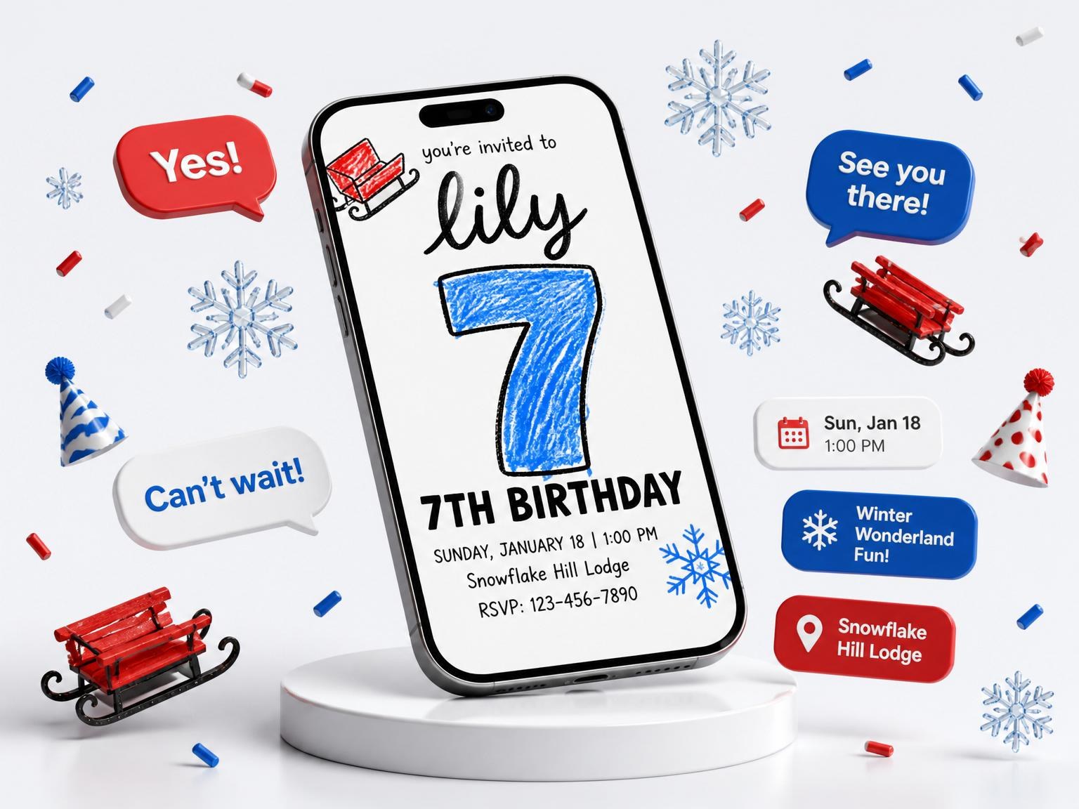 The Crayon Sled and Snowflake 7th Birthday invitation on a phone, with guest RSVPs arriving around it