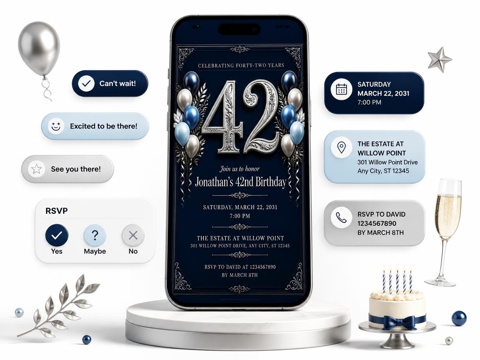The Navy and Silver 42nd Birthday Invitation invitation on a phone, with guest RSVPs arriving around it