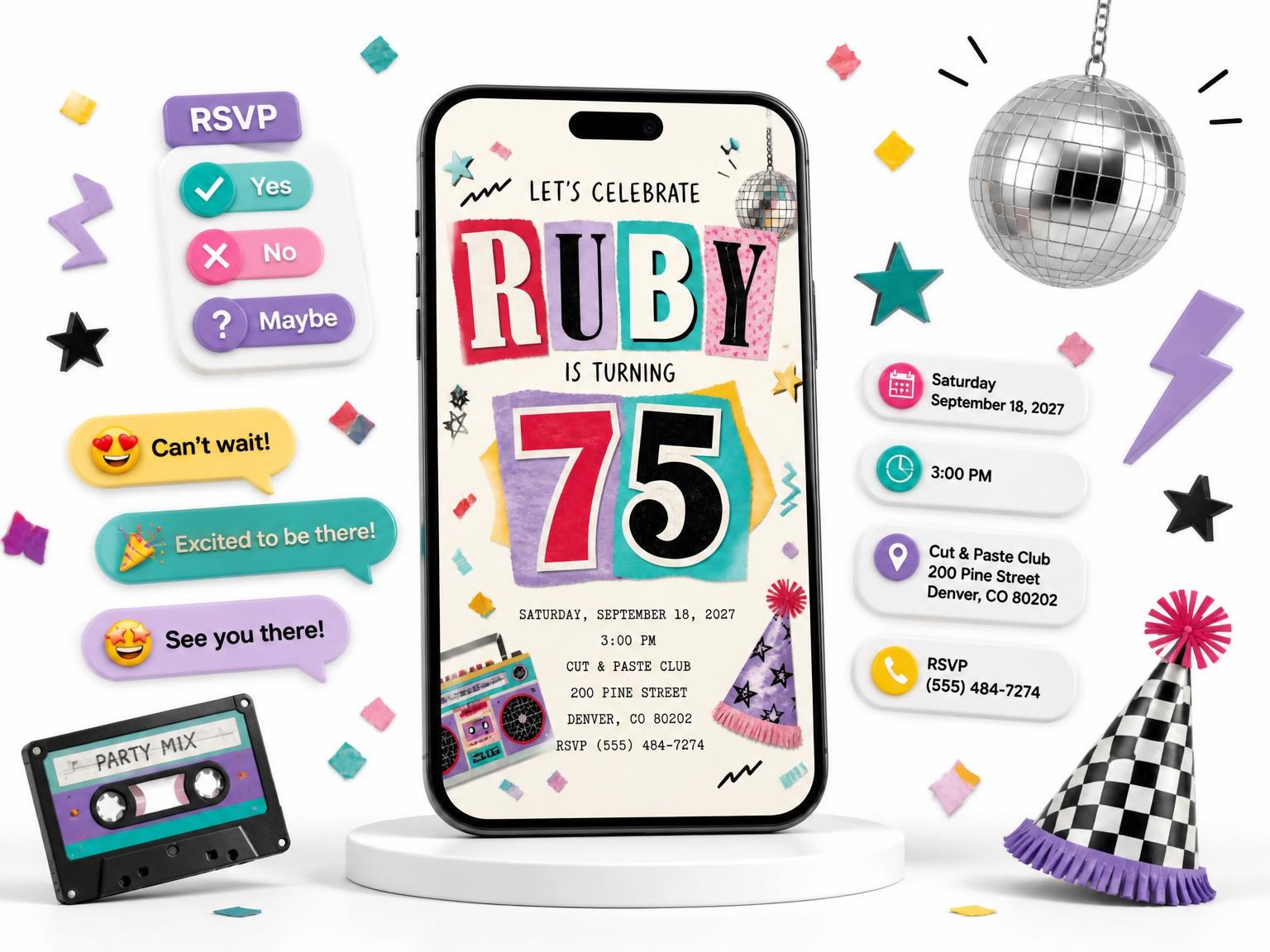 The Retro Paper Collage 75th Birthday Invitation invitation on a phone, with guest RSVPs arriving around it