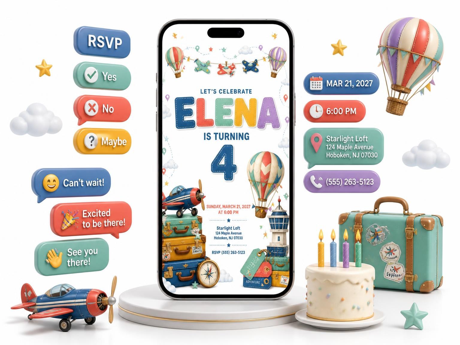 The Stitched Up and Away 4th Birthday Invitation invitation on a phone, with guest RSVPs arriving around it