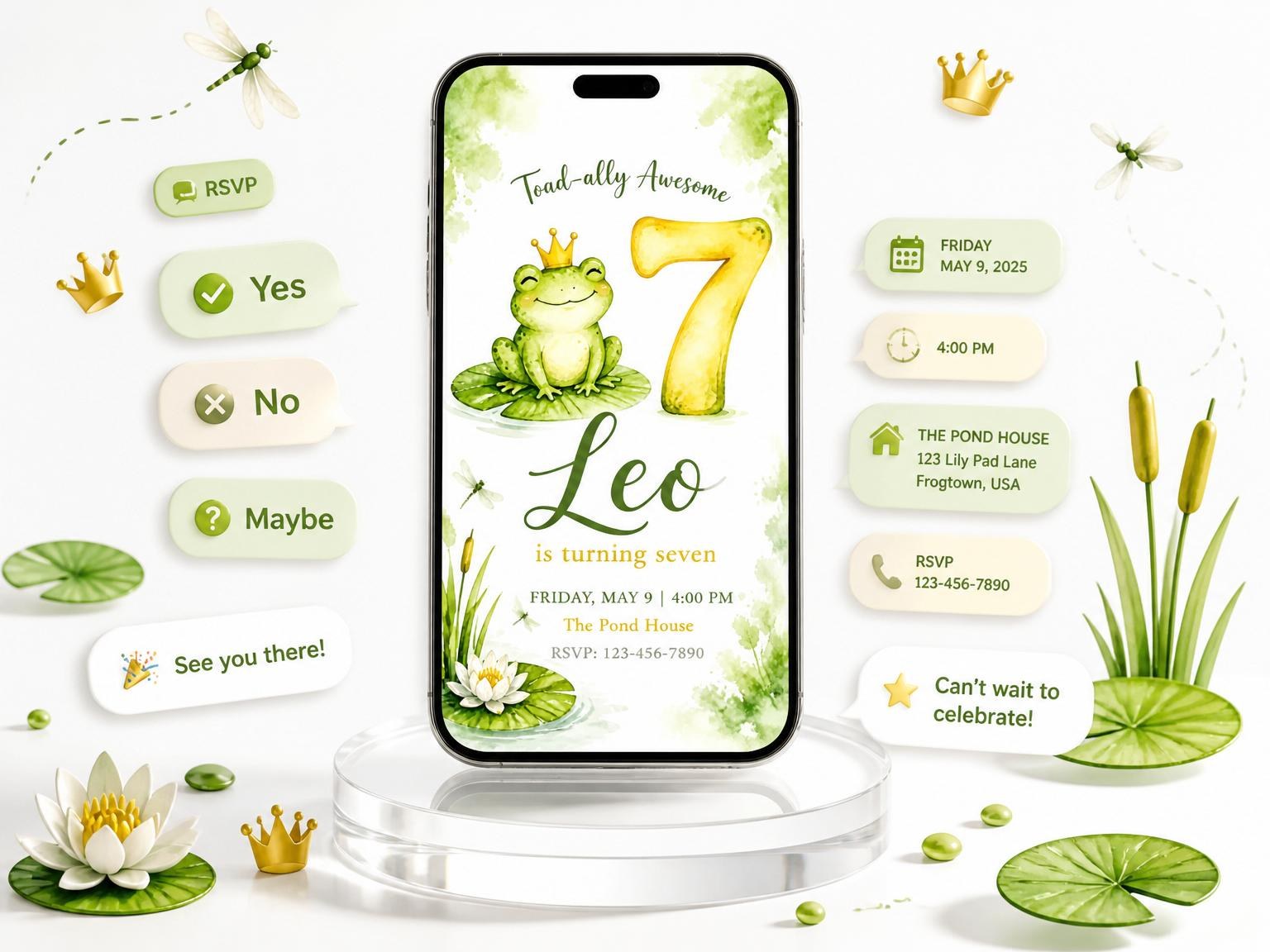 The Watercolor Frog Lily Pad 7th Birthday invitation on a phone, with guest RSVPs arriving around it