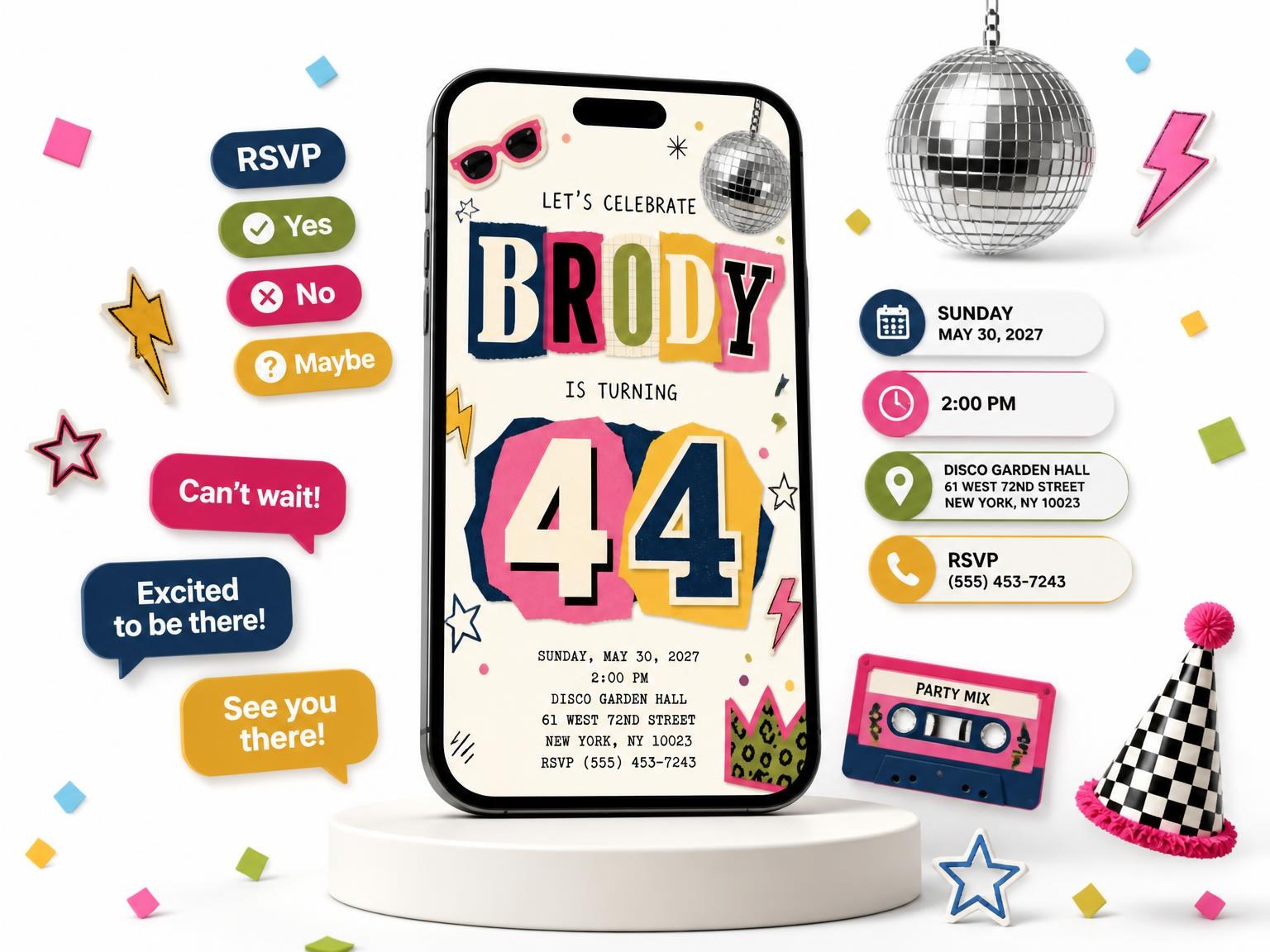 The Retro Paper Collage 44th Birthday Invitation invitation on a phone, with guest RSVPs arriving around it