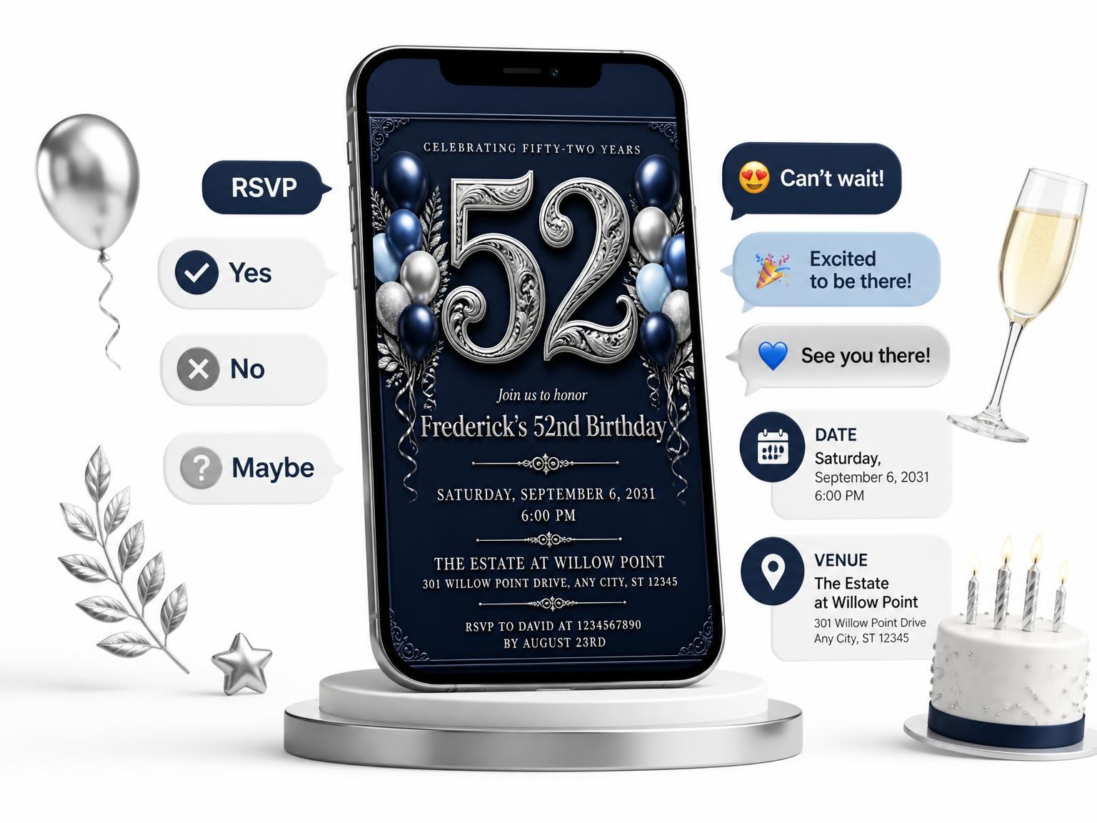 The Navy and Silver 52nd Birthday Invitation invitation on a phone, with guest RSVPs arriving around it