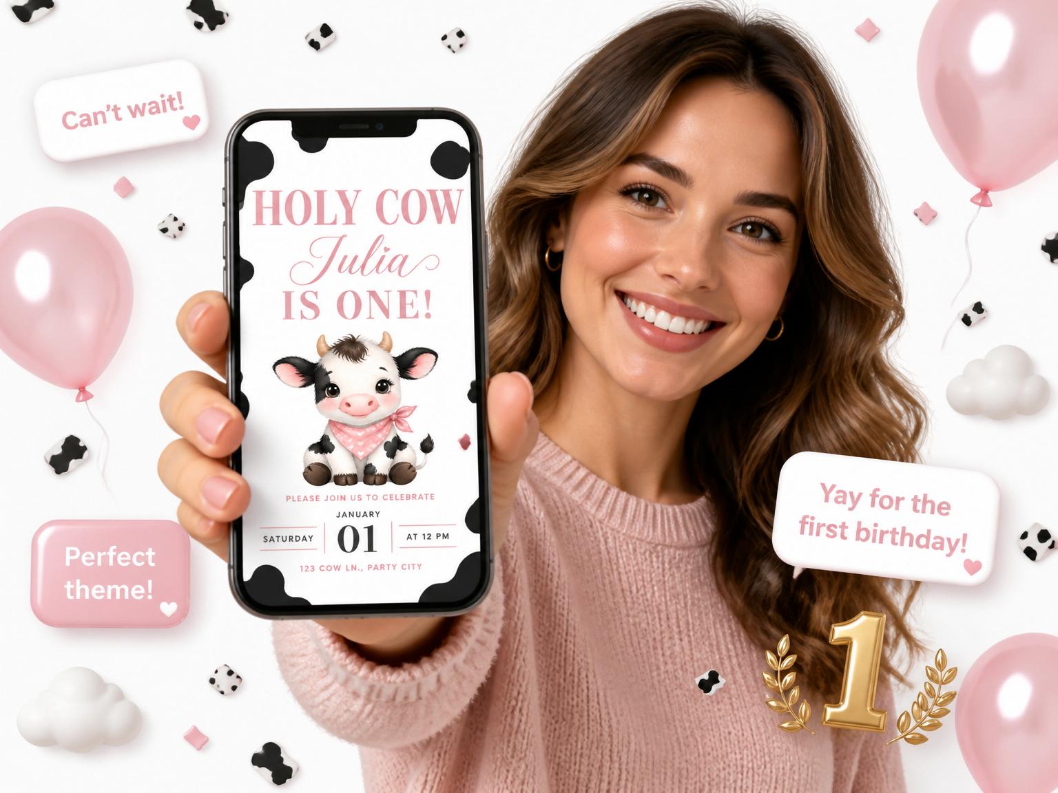 The Holy Cow First Birthday Party Invitation invitation on a phone, with guest RSVPs arriving around it