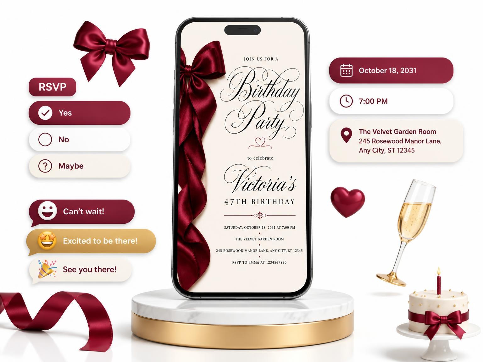 The Burgundy Satin Bow 47th Birthday Invitation invitation on a phone, with guest RSVPs arriving around it