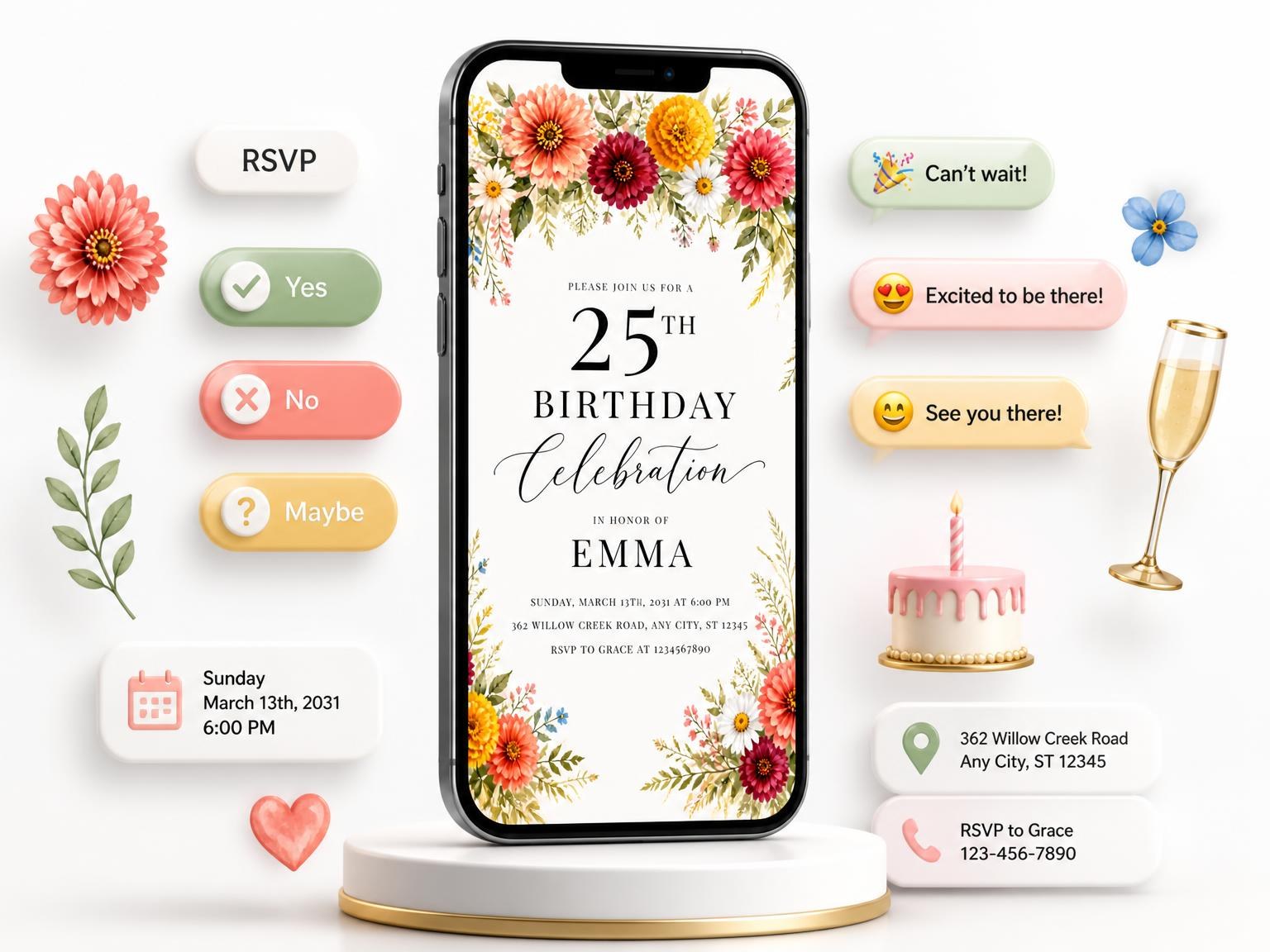 The Floral Arch Golden 25th Birthday Invitation invitation on a phone, with guest RSVPs arriving around it