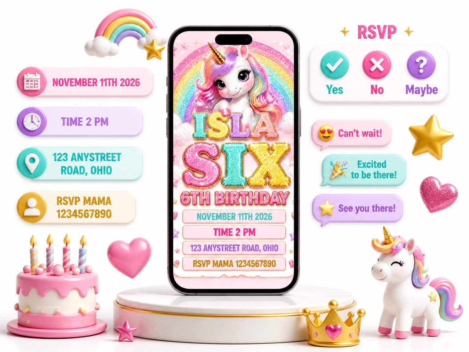 The Glitter Unicorn 6th Birthday Invitation invitation on a phone, with guest RSVPs arriving around it