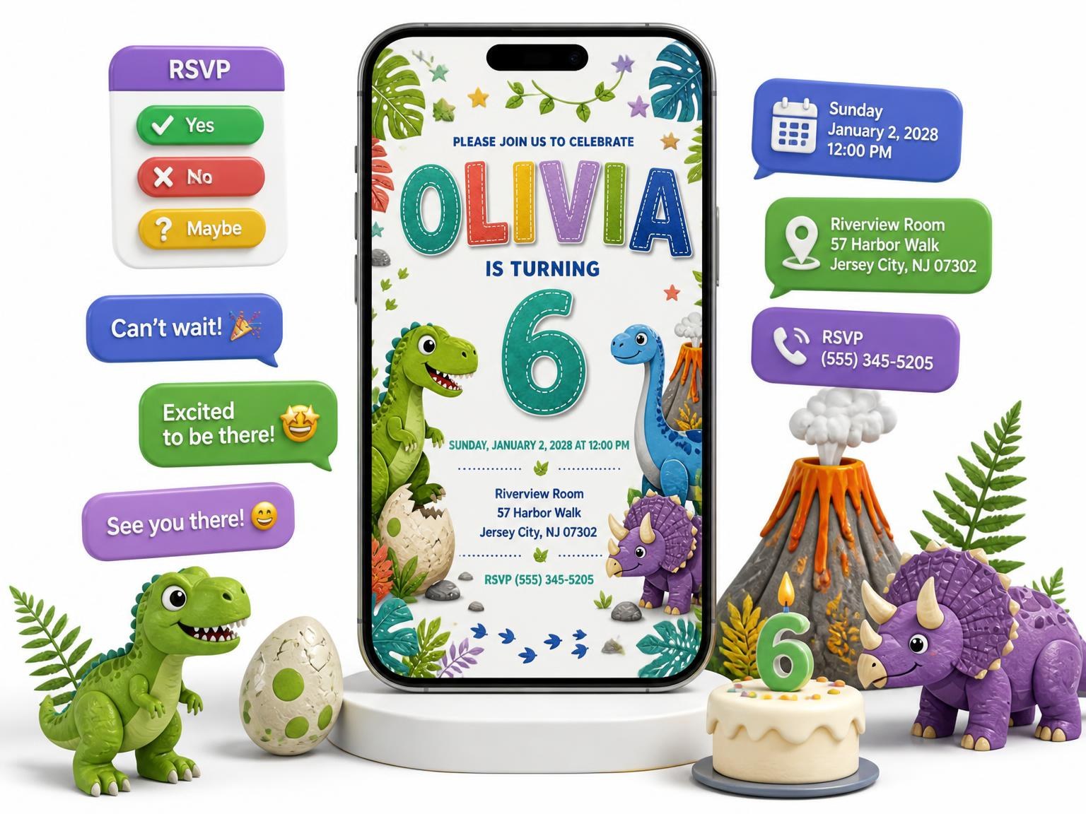 The Stitched Dinosaur 6th Birthday Invitation invitation on a phone, with guest RSVPs arriving around it