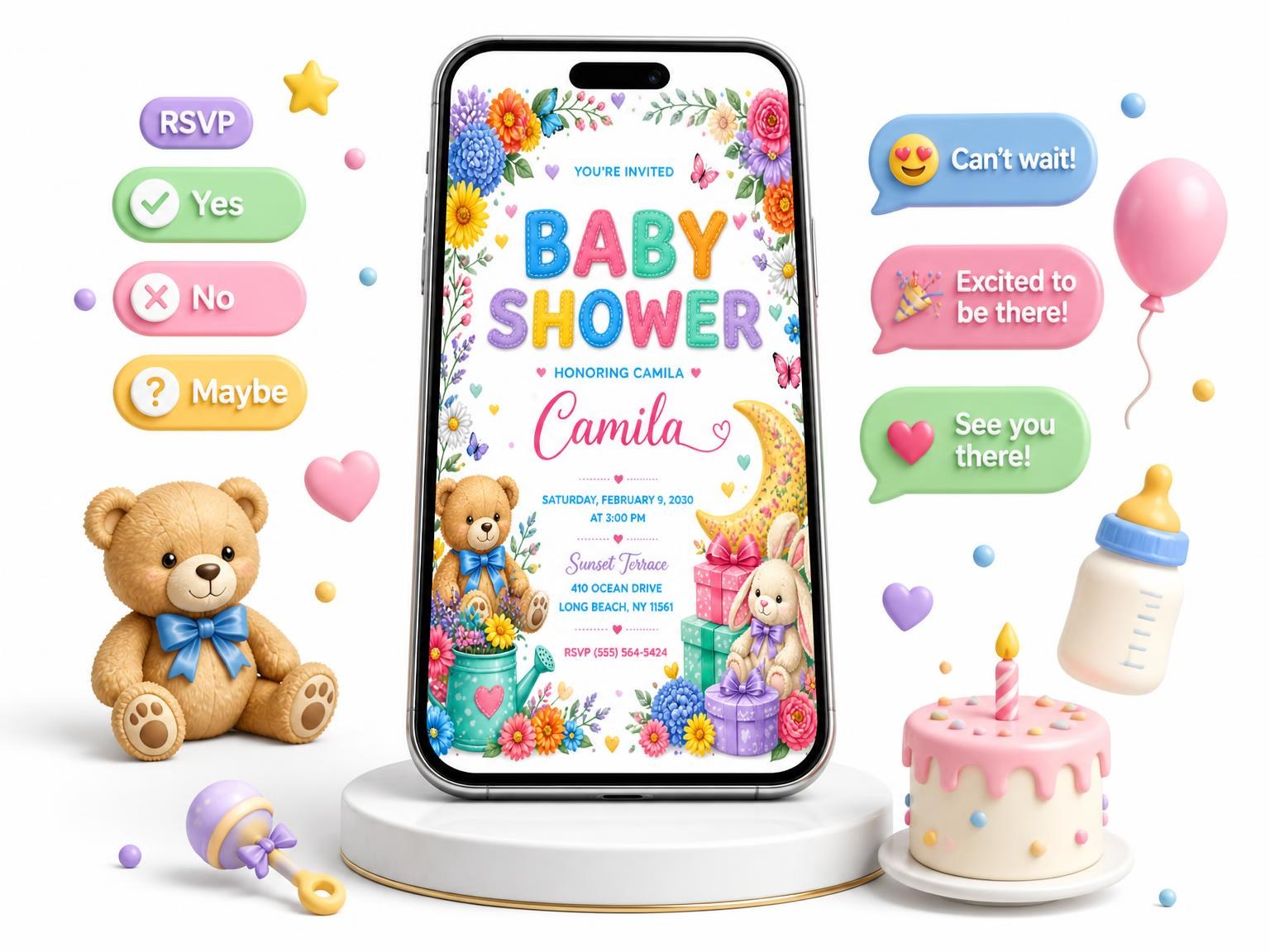 The Floral Garden Baby Shower Invitation invitation on a phone, with guest RSVPs arriving around it