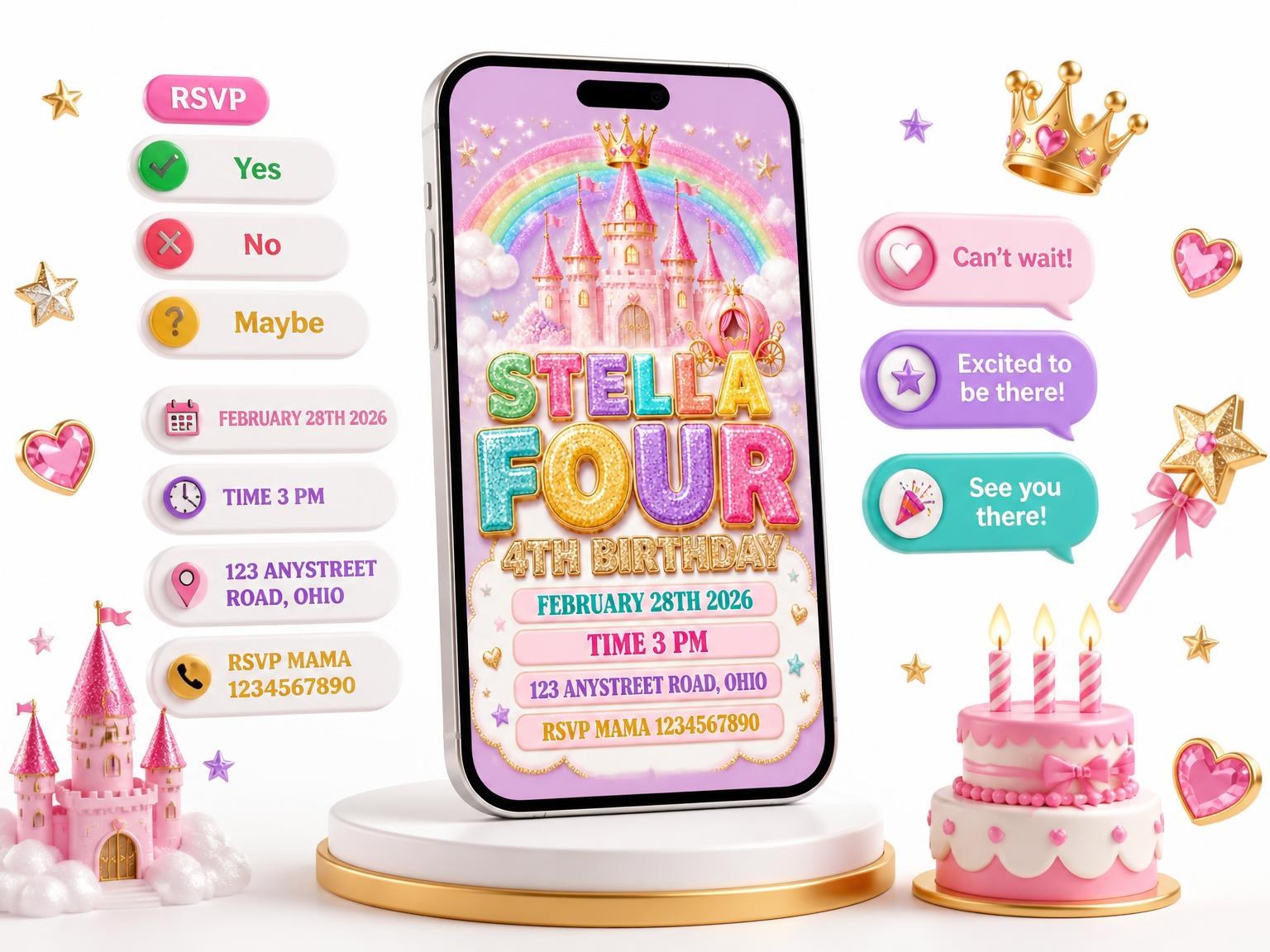 The Glitter Princess Castle 4th Birthday Invitation invitation on a phone, with guest RSVPs arriving around it