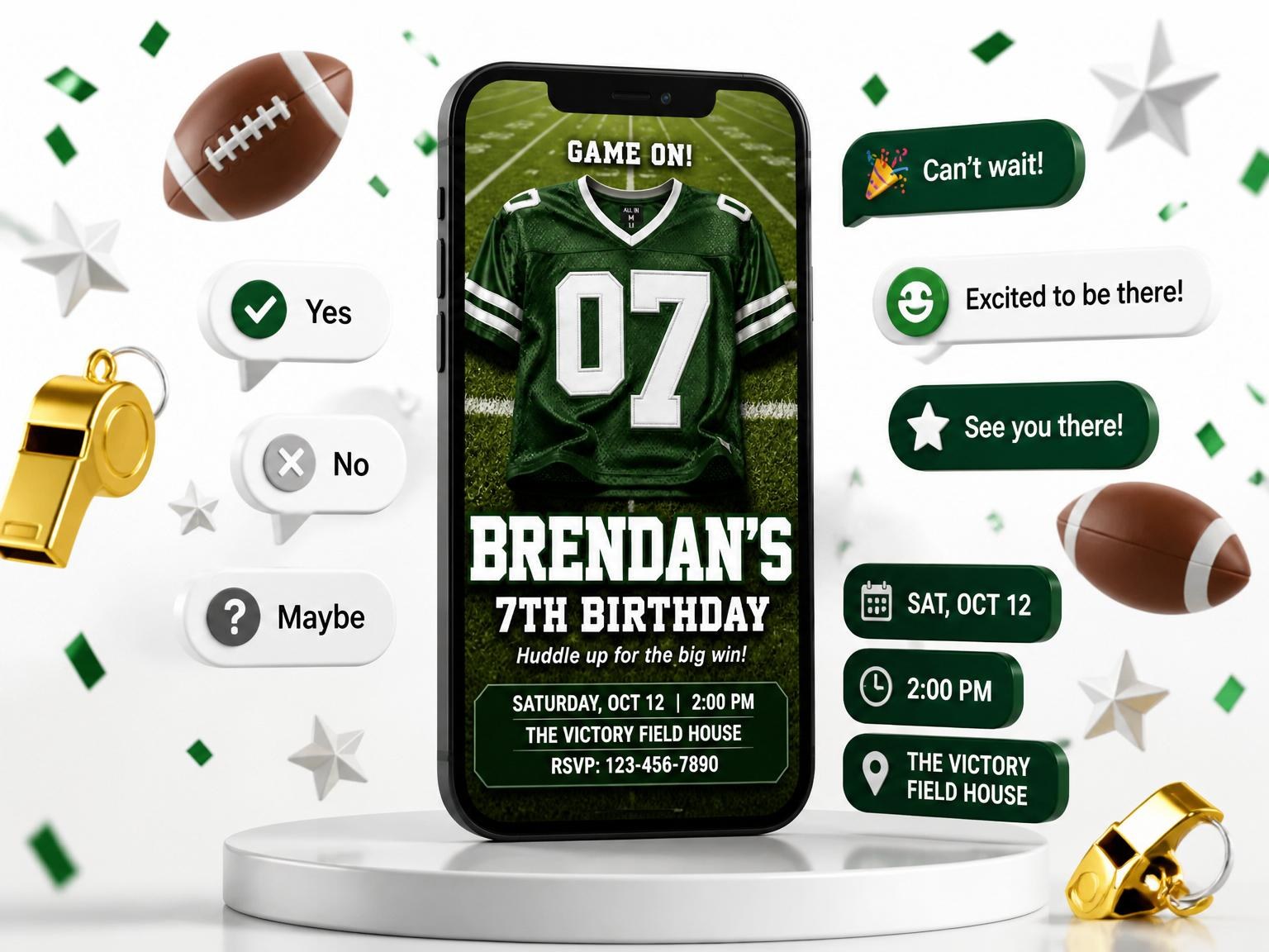 The Green Jersey Football 7th Birthday Party invitation on a phone, with guest RSVPs arriving around it