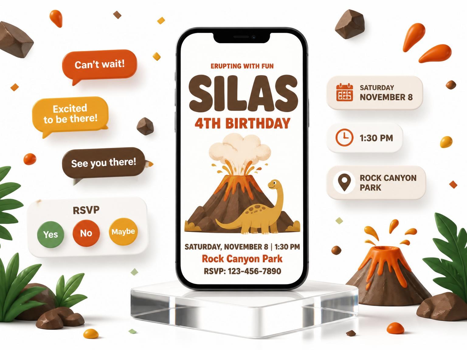 The Earthy Dinosaur Volcano 4th Birthday Invitation invitation on a phone, with guest RSVPs arriving around it