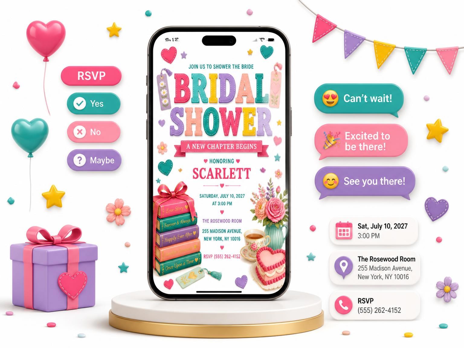 The Book Stack Bridal Shower Invitation invitation on a phone, with guest RSVPs arriving around it