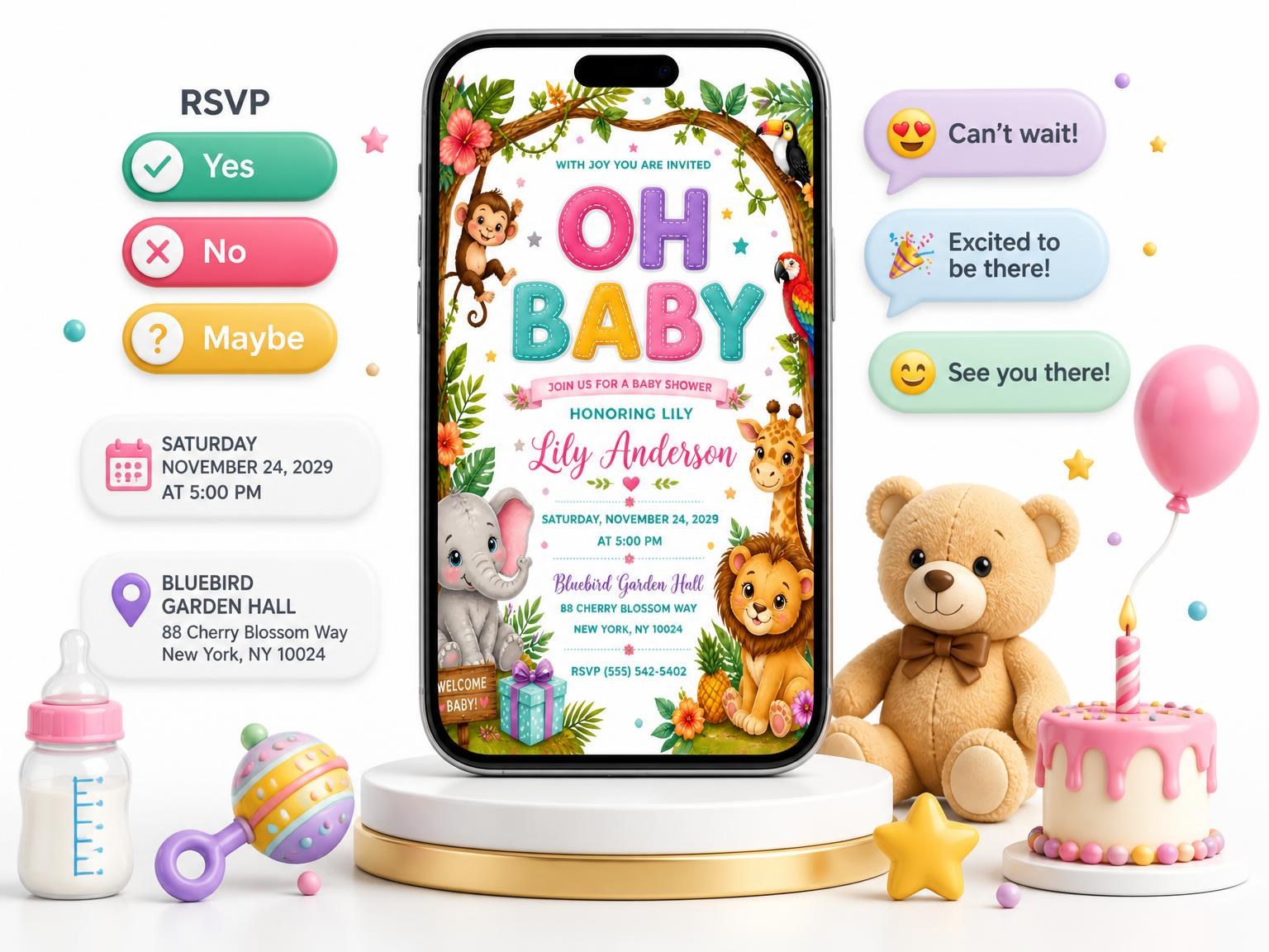 The Elephant Baby Shower Invitation invitation on a phone, with guest RSVPs arriving around it