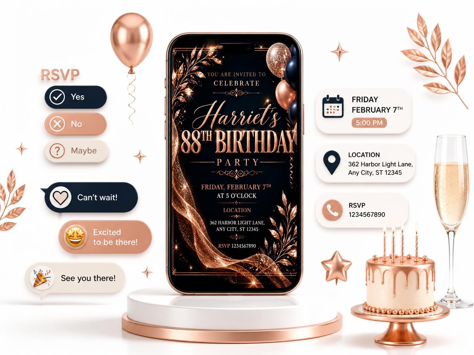 The Navy and Rose Gold 88th Birthday Invitation invitation on a phone, with guest RSVPs arriving around it