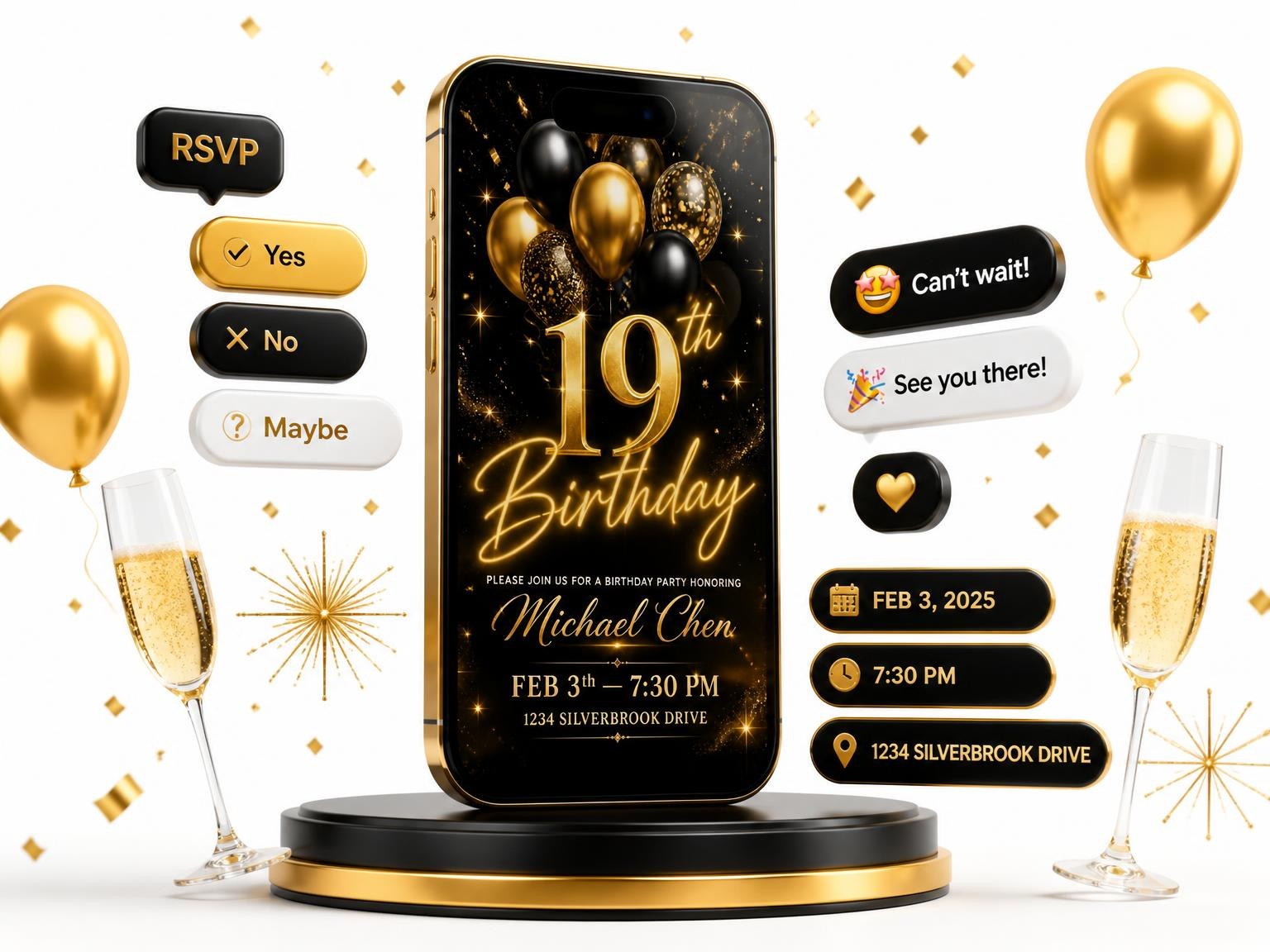 The Black and Gold Balloon 19th Birthday invitation on a phone, with guest RSVPs arriving around it