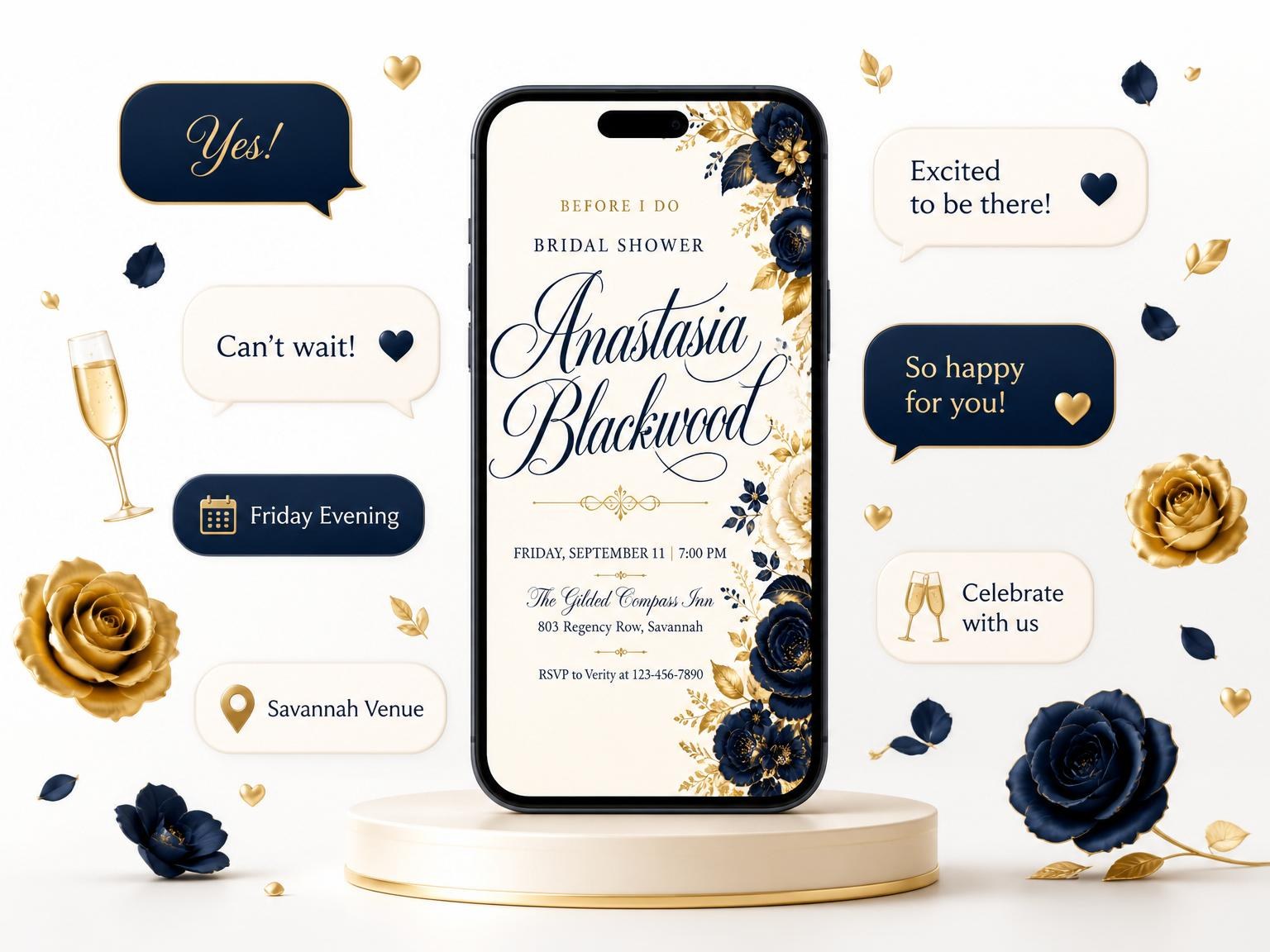 The Navy and Gold Rose Bridal Shower invitation on a phone, with guest RSVPs arriving around it