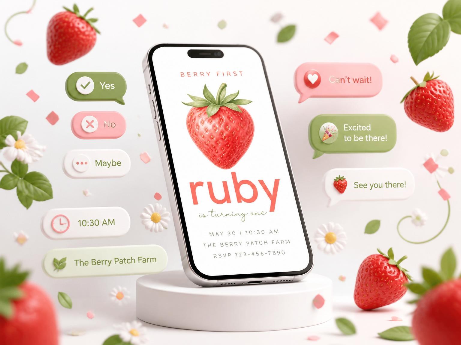 The Watercolor Strawberry First Birthday Invitation invitation on a phone, with guest RSVPs arriving around it